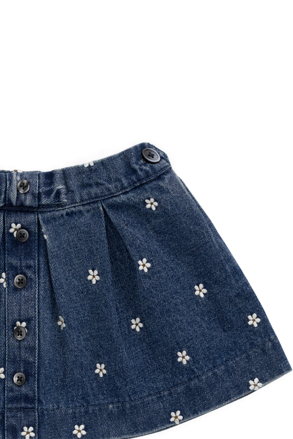 Jupe évasée en jean de coton brodé floral indigo classique avec taille plissée et fermeture boutonnée pour enfants de 6 mois à 10 ans