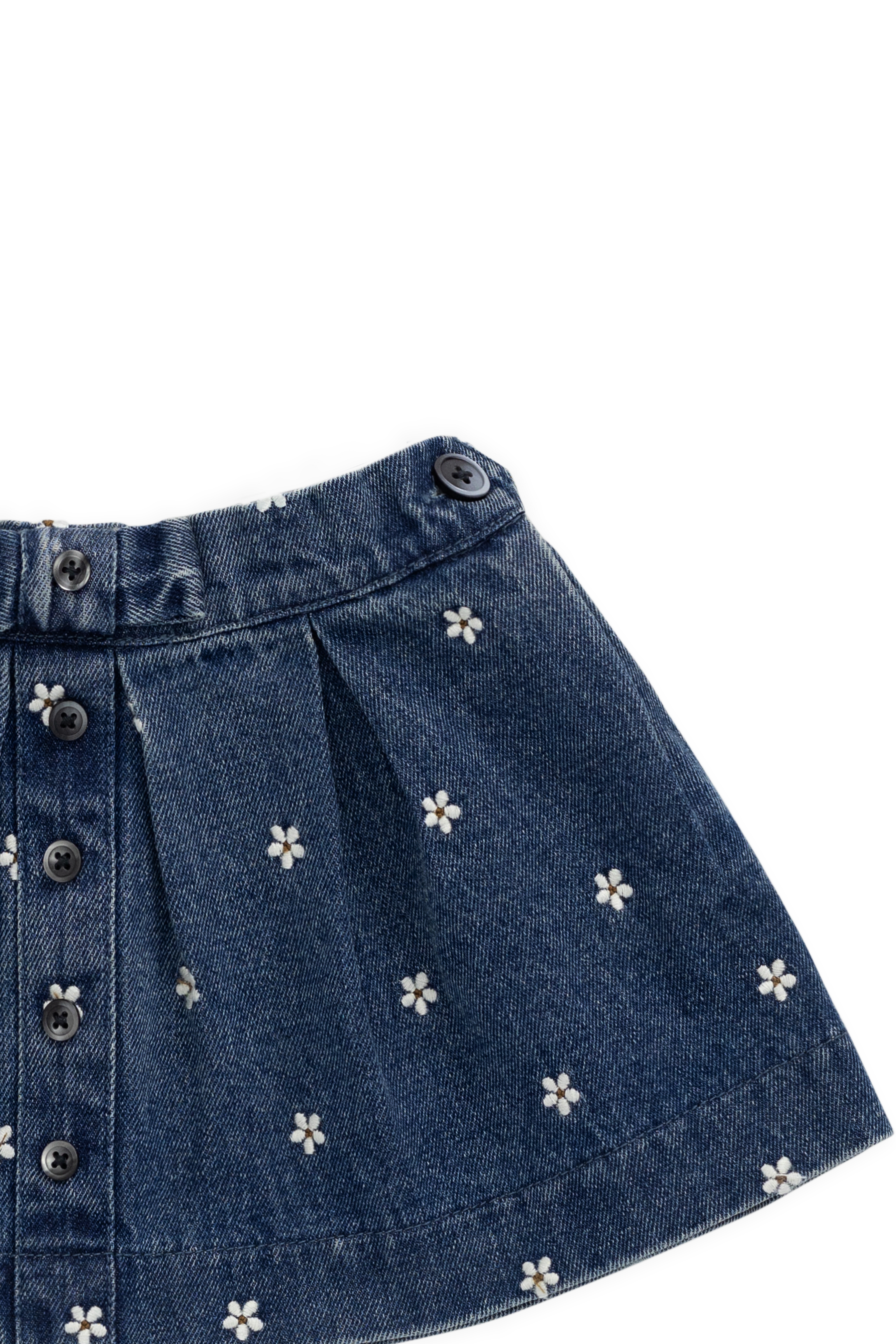 Jupe évasée en jean de coton brodé floral indigo classique avec taille plissée et fermeture boutonnée pour enfants de 6 mois à 10 ans