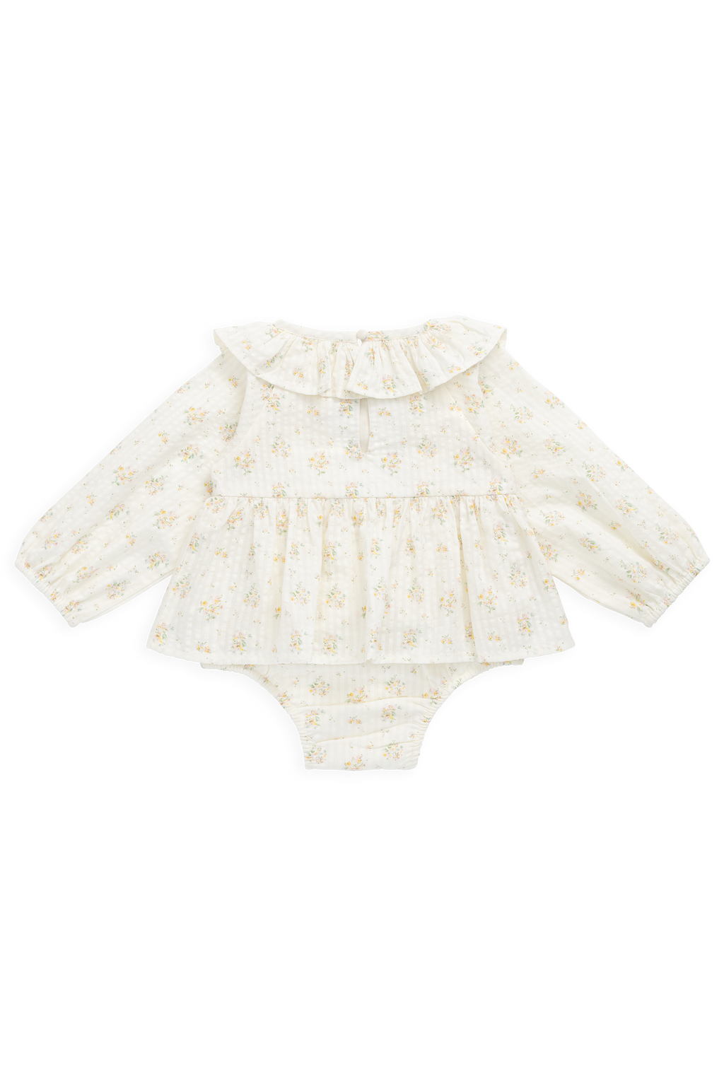 Combinaison barboteuse à volants en coton biologique et imprimé floral « Parchemin romantique » pour bébés de 0 à 3 ans