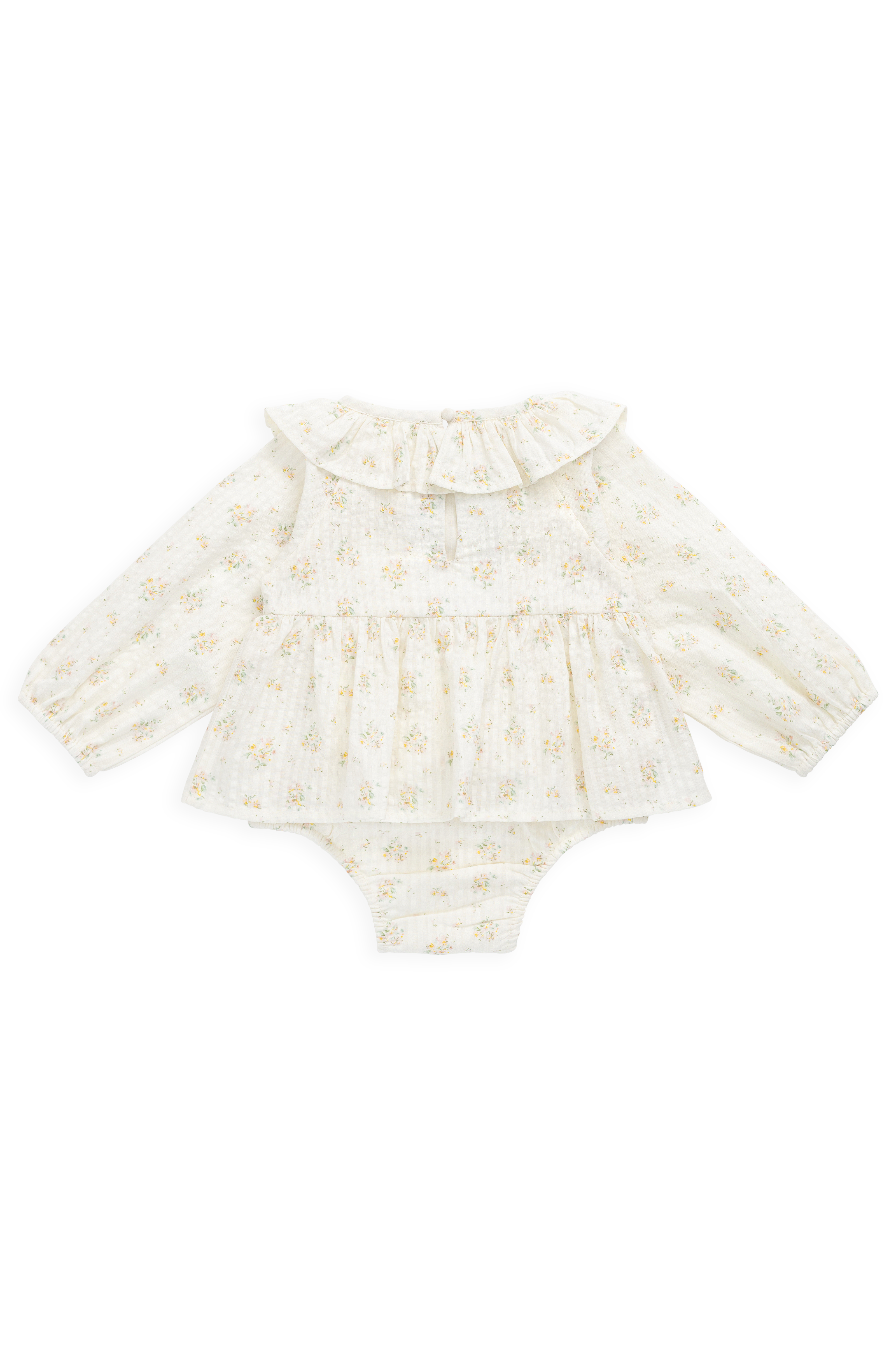 Combinaison barboteuse à volants en coton biologique et imprimé floral « Parchemin romantique » pour bébés de 0 à 3 ans