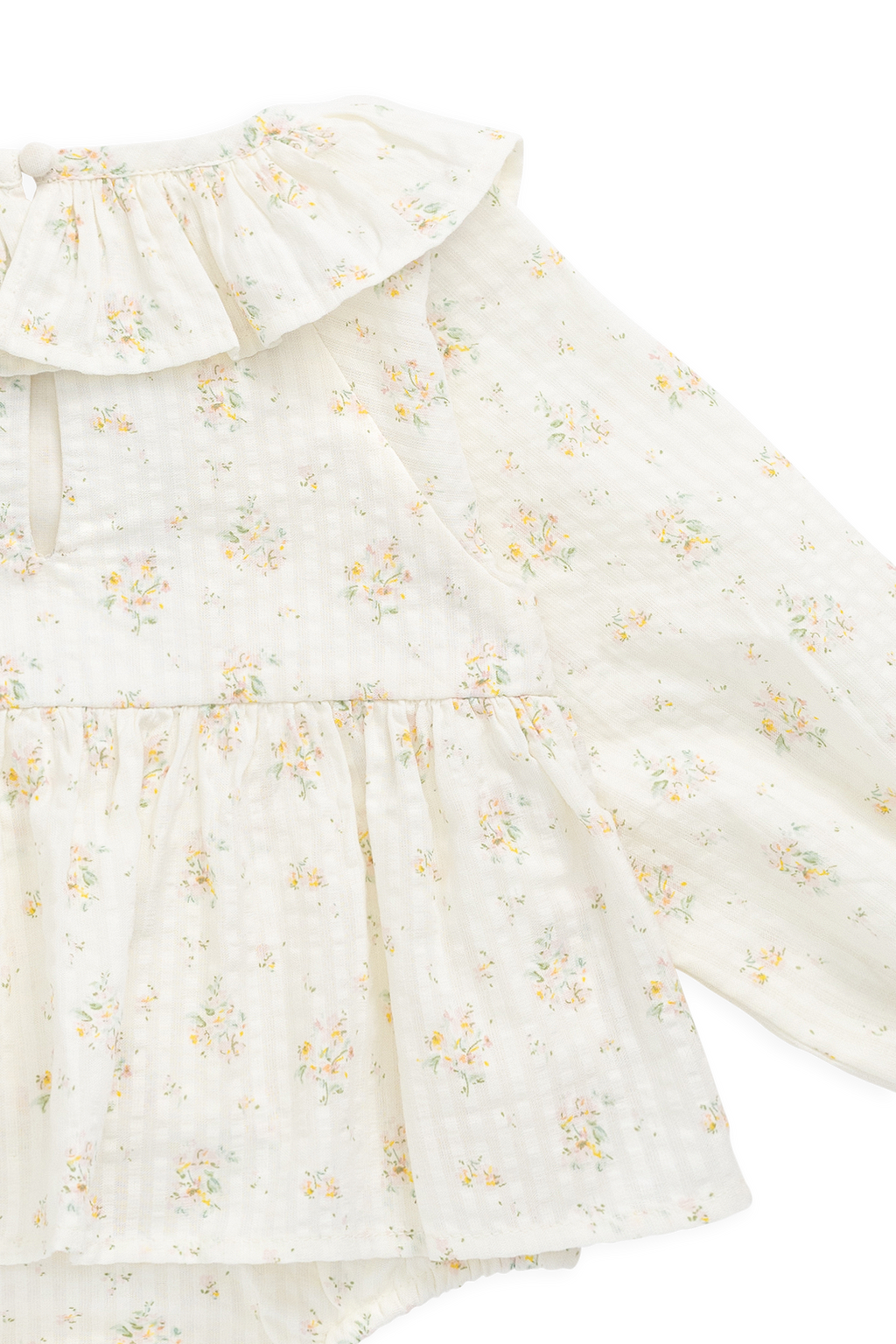 Combinaison barboteuse à volants en coton biologique et imprimé floral « Parchemin romantique » pour bébés de 0 à 3 ans