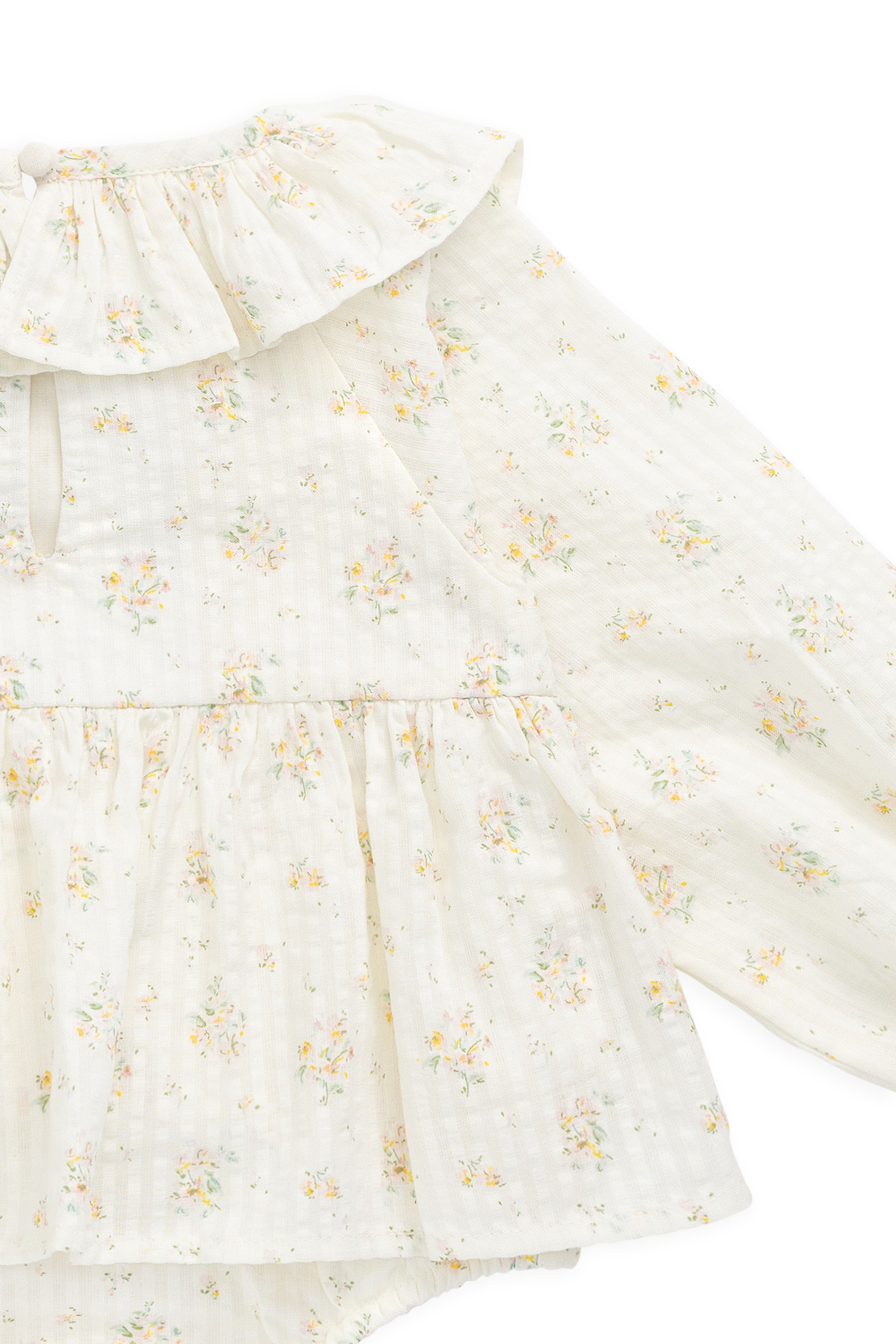 Combinaison barboteuse à volants en coton biologique et imprimé floral « Parchemin romantique » pour bébés de 0 à 3 ans