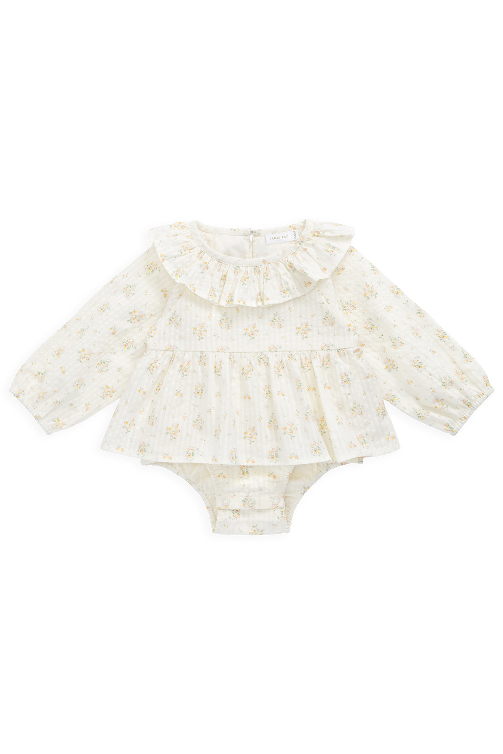 Combinaison barboteuse à volants en coton biologique et imprimé floral « Parchemin romantique » pour bébés de 0 à 3 ans