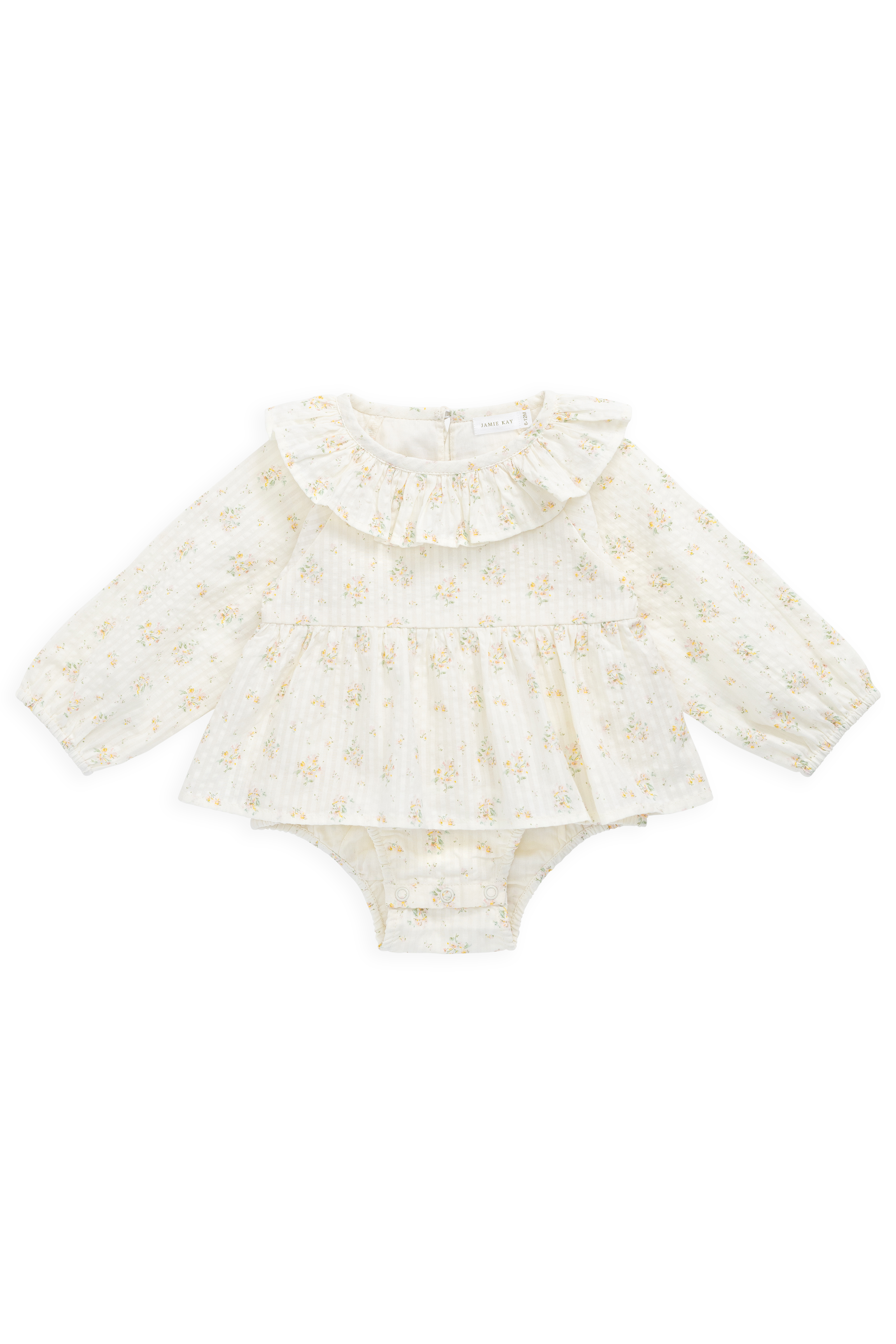 Combinaison barboteuse à volants en coton biologique et imprimé floral « Parchemin romantique » pour bébés de 0 à 3 ans
