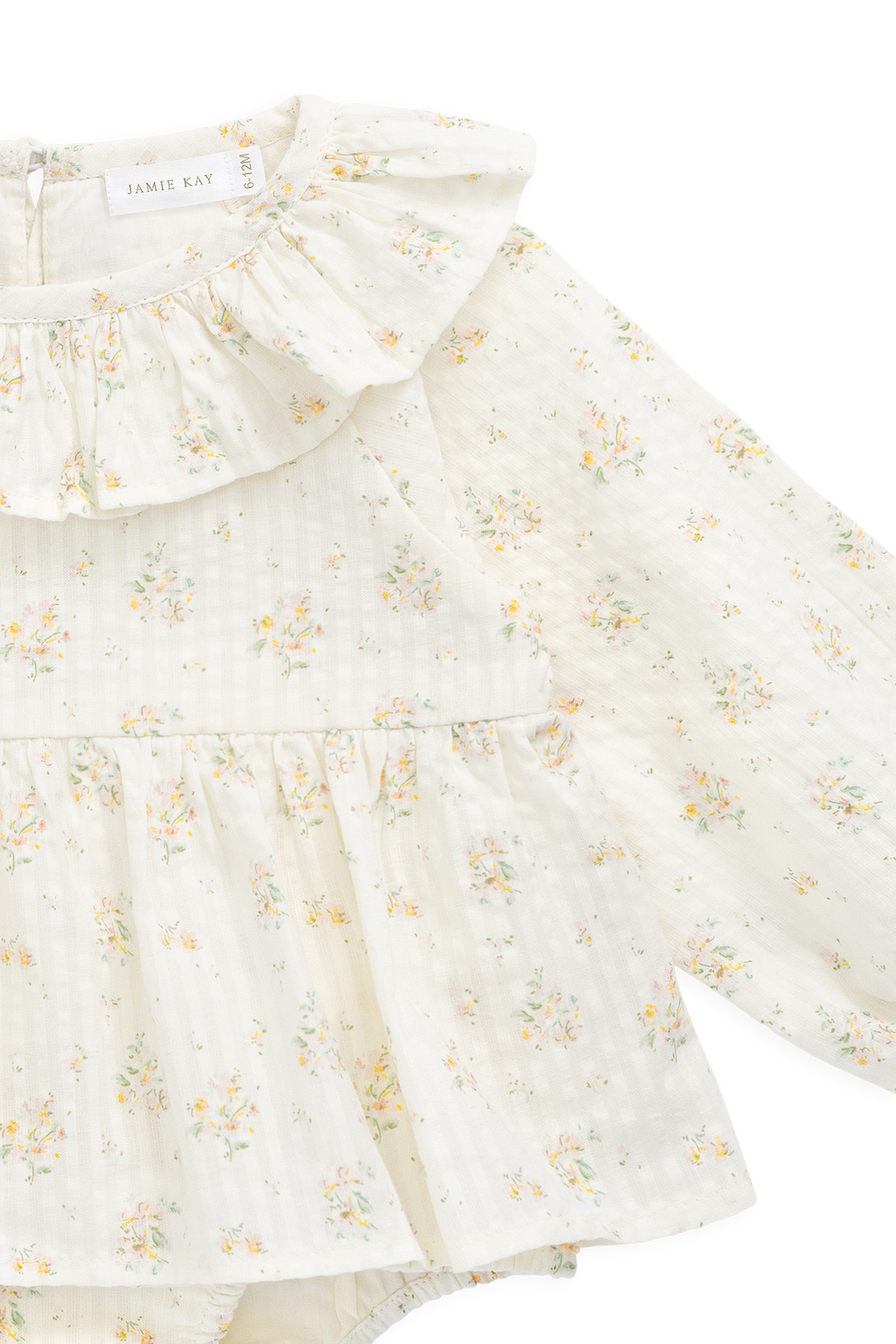 Combinaison barboteuse à volants en coton biologique et imprimé floral « Parchemin romantique » pour bébés de 0 à 3 ans