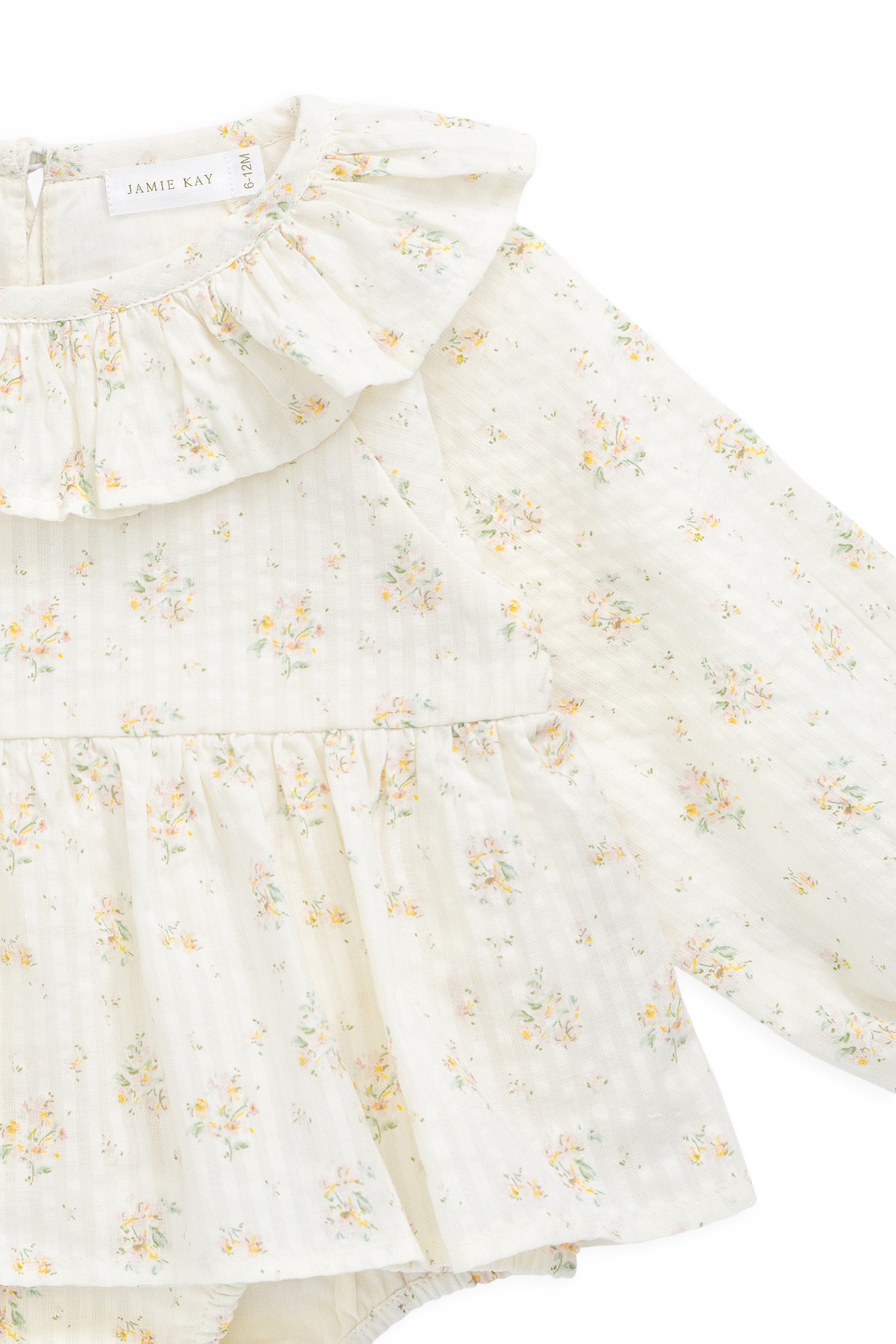 Combinaison barboteuse à volants en coton biologique et imprimé floral « Parchemin romantique » pour bébés de 0 à 3 ans