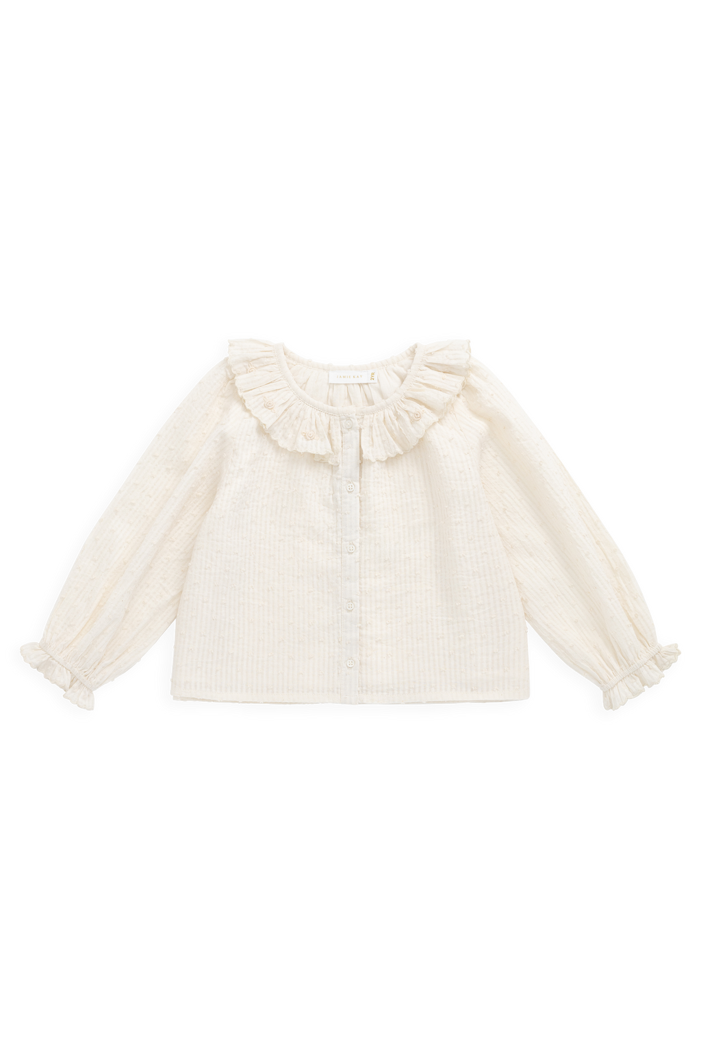 Top en coton biologique uni parchemin romantique avec encolure à volants et poignets à fronces pour enfants de 6 mois à 10 ans