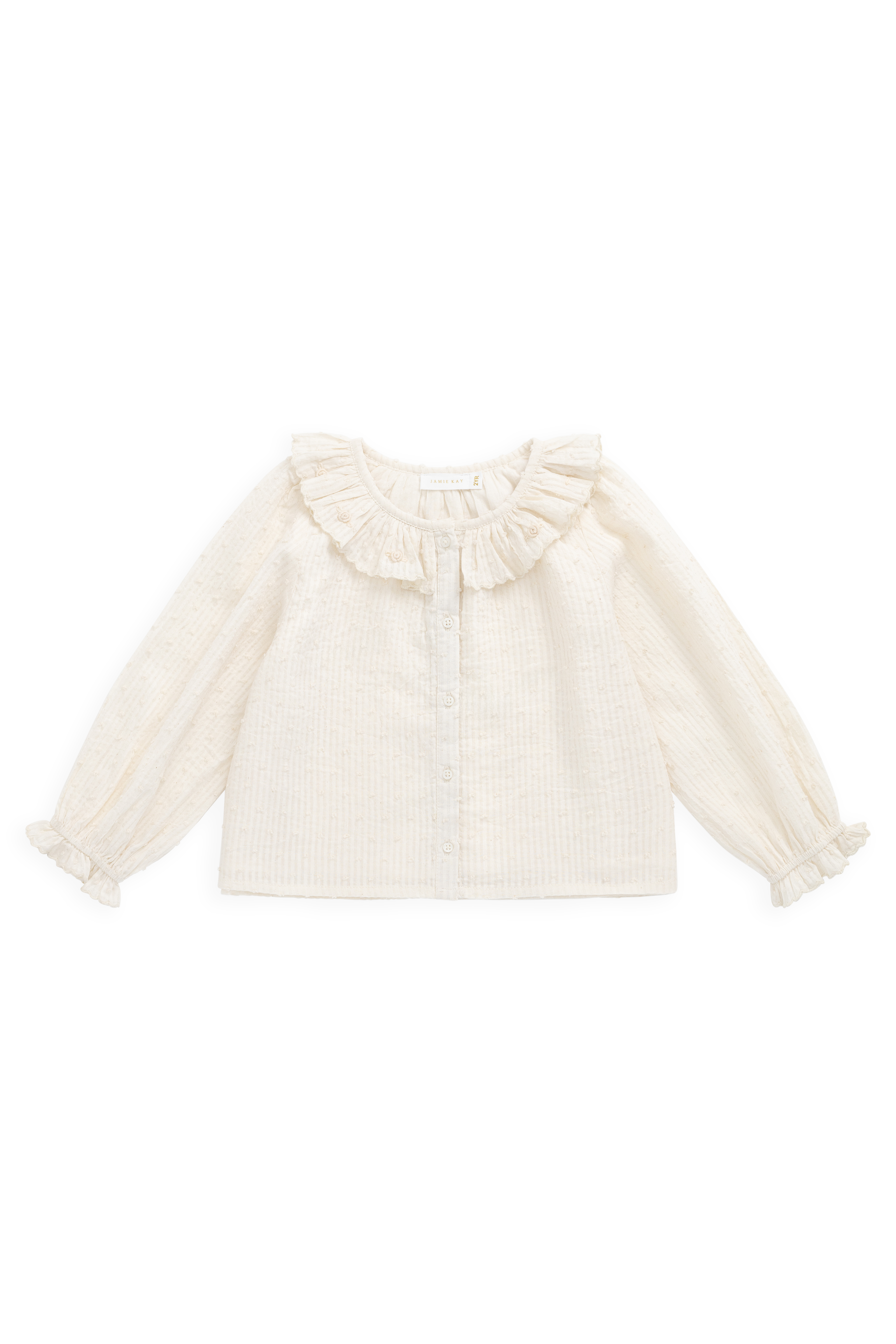 Top en coton biologique uni parchemin romantique avec encolure à volants et poignets à fronces pour enfants de 6 mois à 10 ans