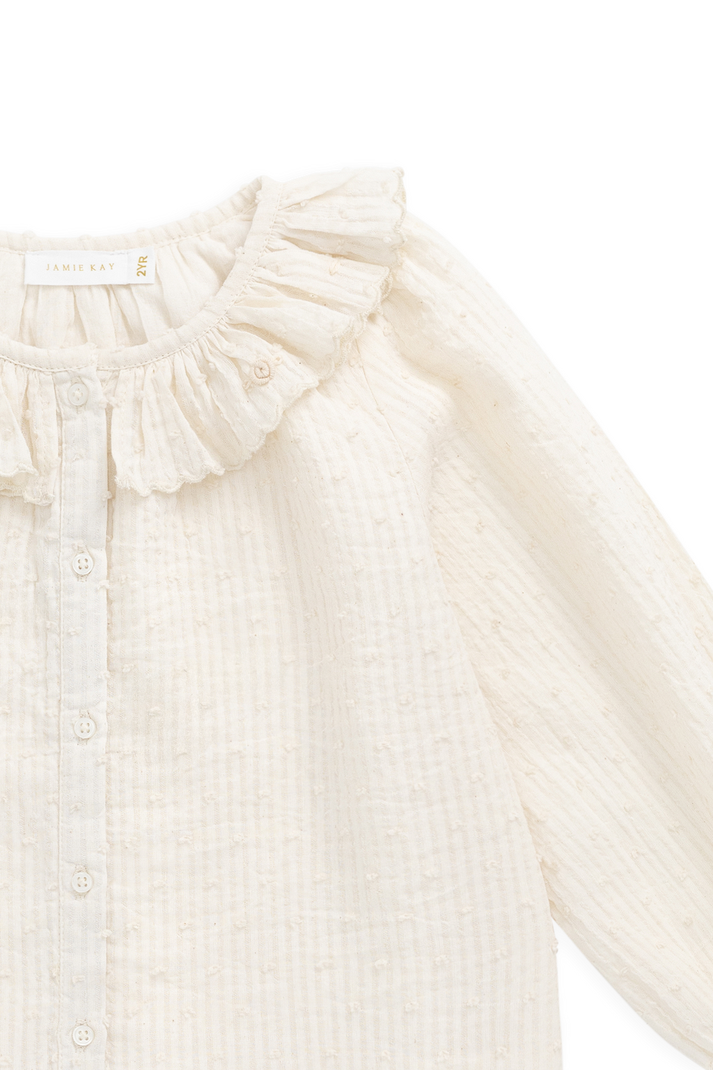 Top en coton biologique uni parchemin romantique avec encolure à volants et poignets à fronces pour enfants de 6 mois à 10 ans