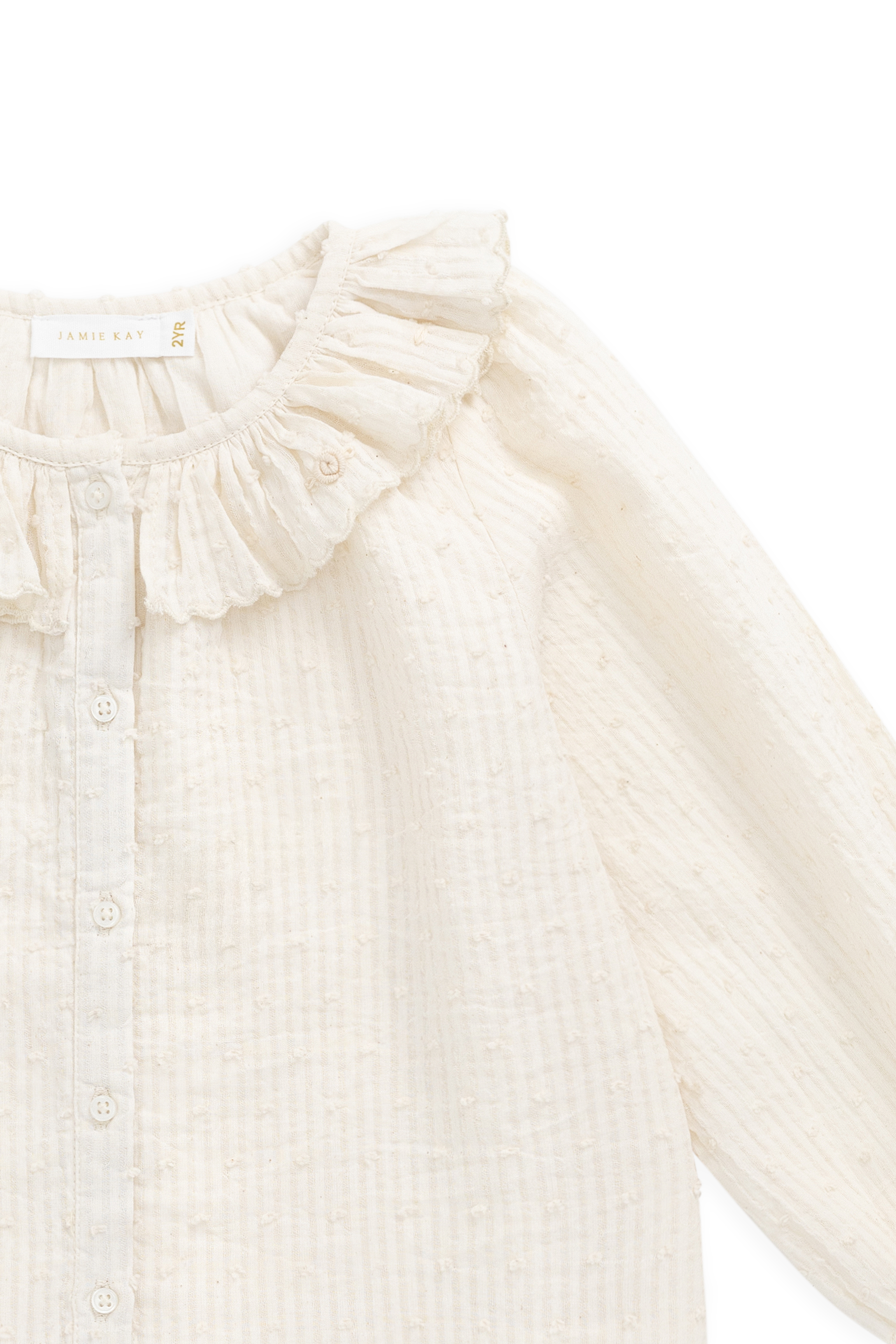 Top en coton biologique uni parchemin romantique avec encolure à volants et poignets à fronces pour enfants de 6 mois à 10 ans
