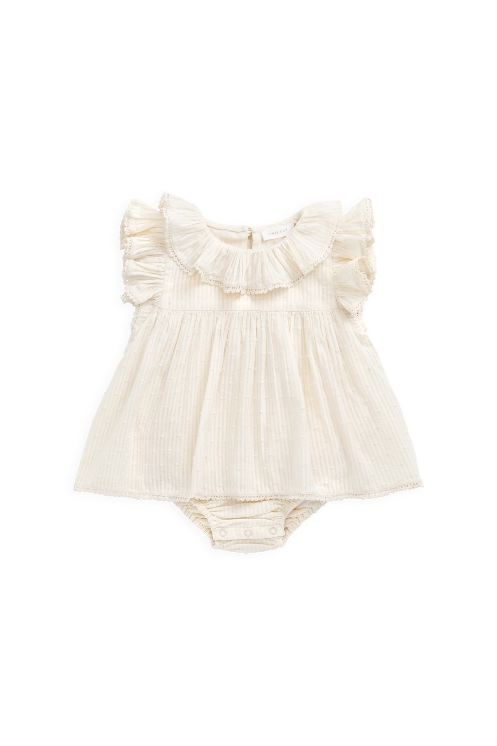 Combinaison bébé en mousseline de coton biologique unie parchemin romantique avec col volanté et manches flottantes 0-2 ans