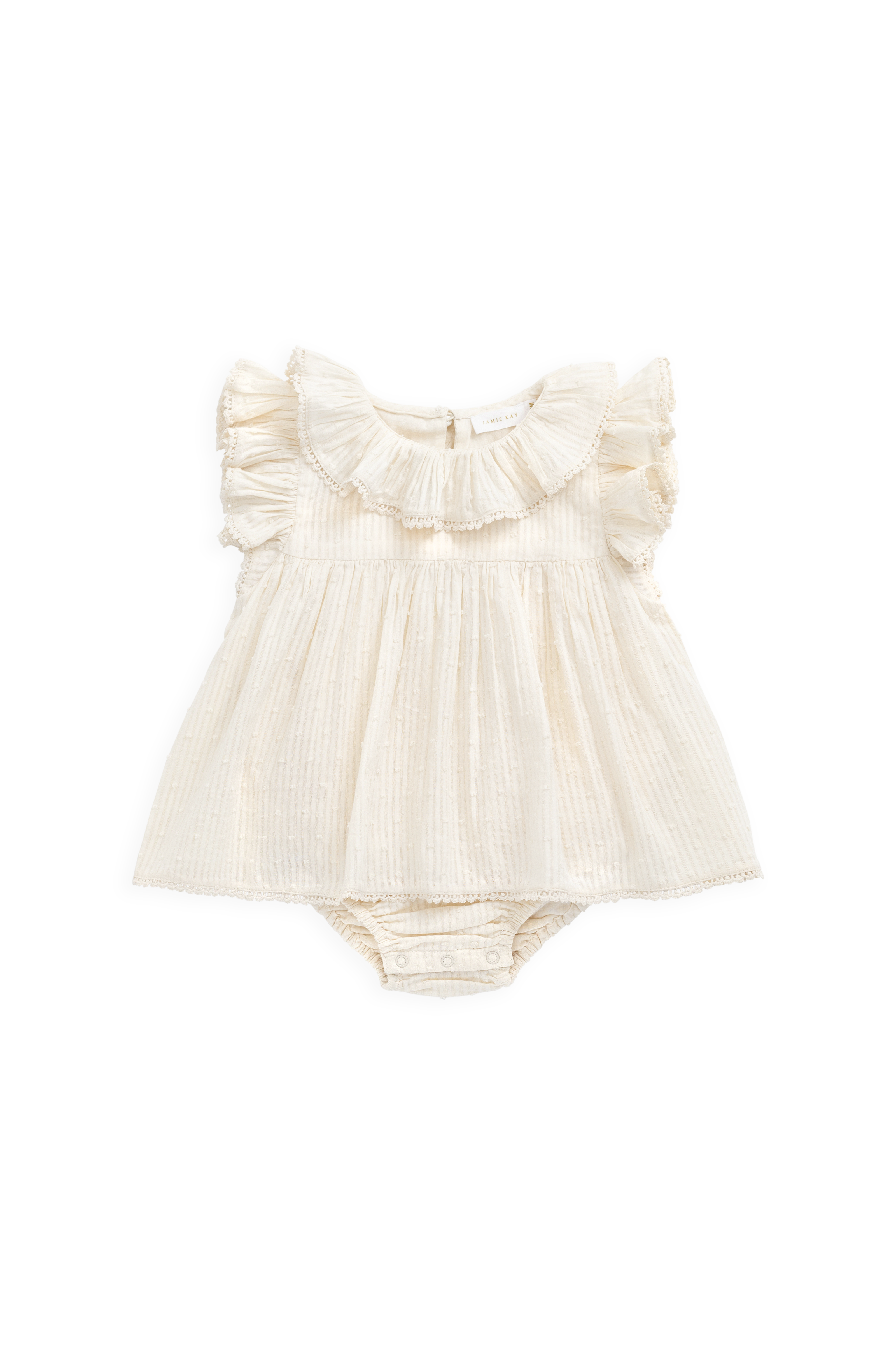 Combinaison bébé en mousseline de coton biologique unie parchemin romantique avec col volanté et manches flottantes 0-2 ans