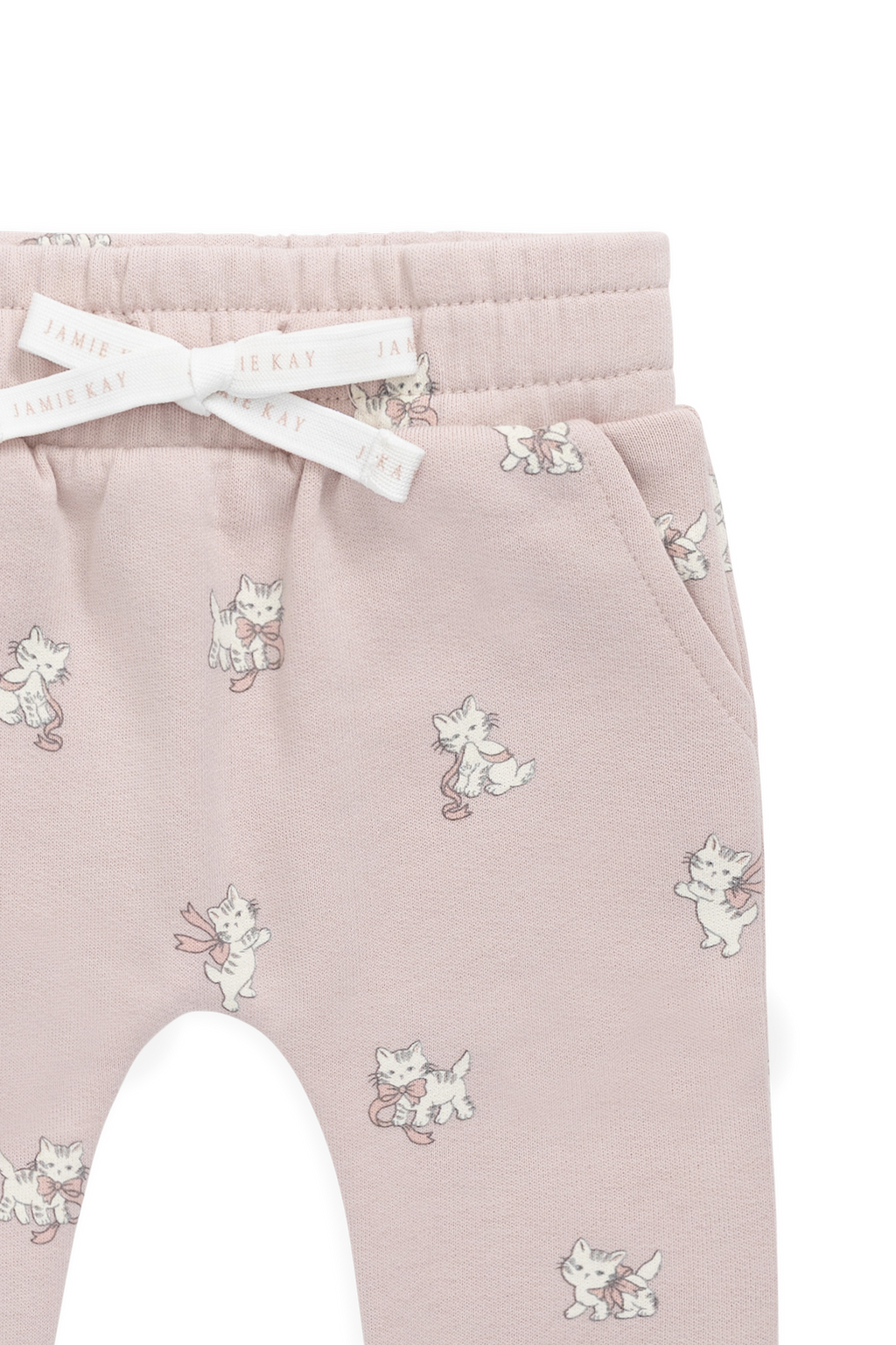 Pantalon de survêtement en coton biologique à imprimé chat et nœud ludique mauve, avec taille élastique et chevilles resserrées, pour enfants de 6 mois à 10 ans