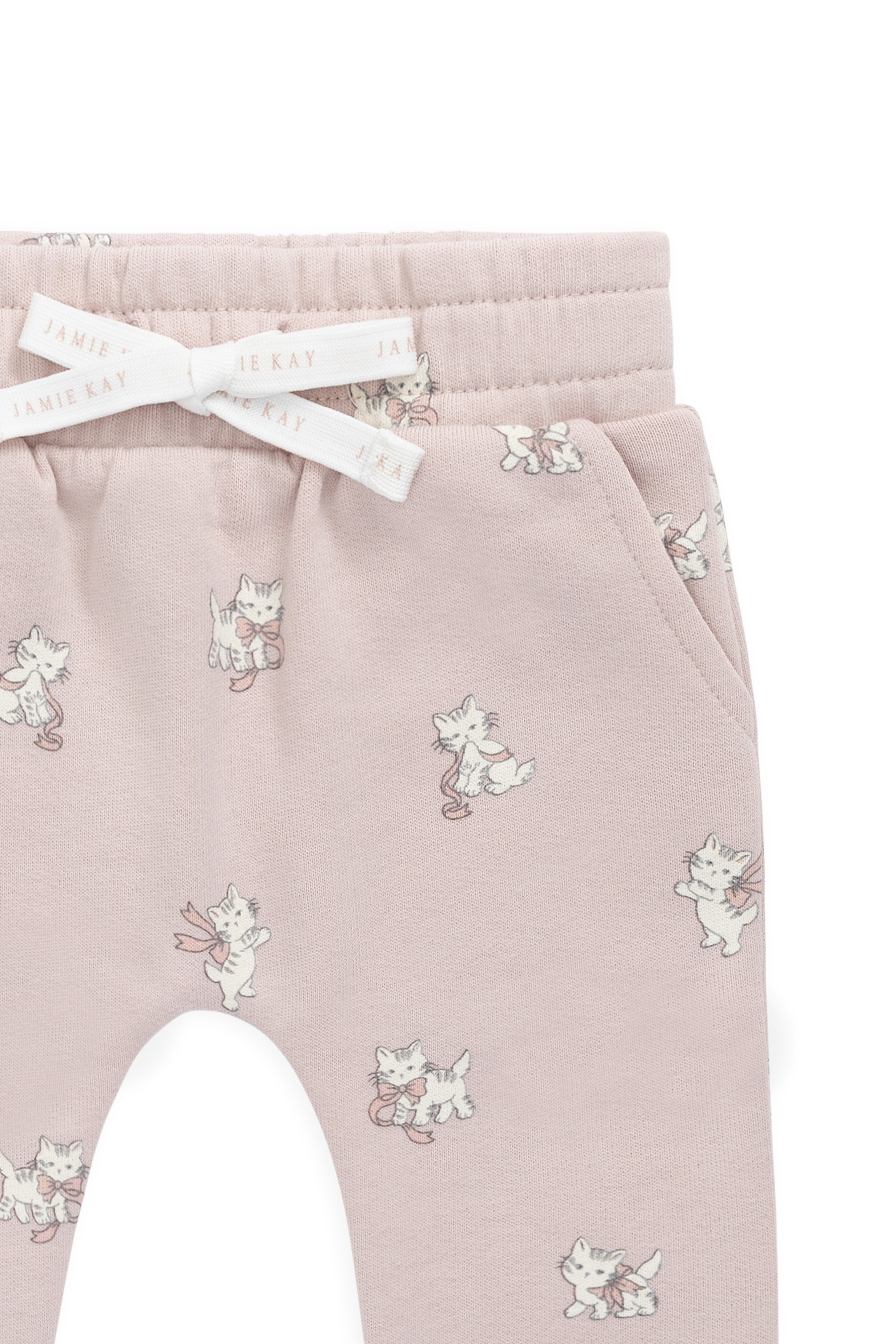 Pantalon de survêtement en coton biologique à imprimé chat et nœud ludique mauve, avec taille élastique et chevilles resserrées, pour enfants de 6 mois à 10 ans