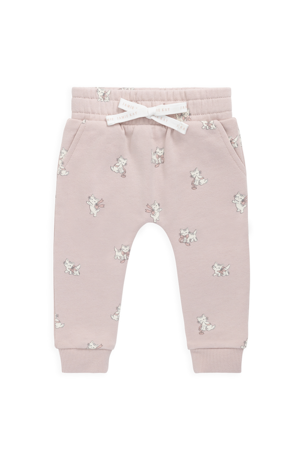 Pantalon de survêtement en coton biologique à imprimé chat et nœud ludique mauve, avec taille élastique et chevilles resserrées, pour enfants de 6 mois à 10 ans