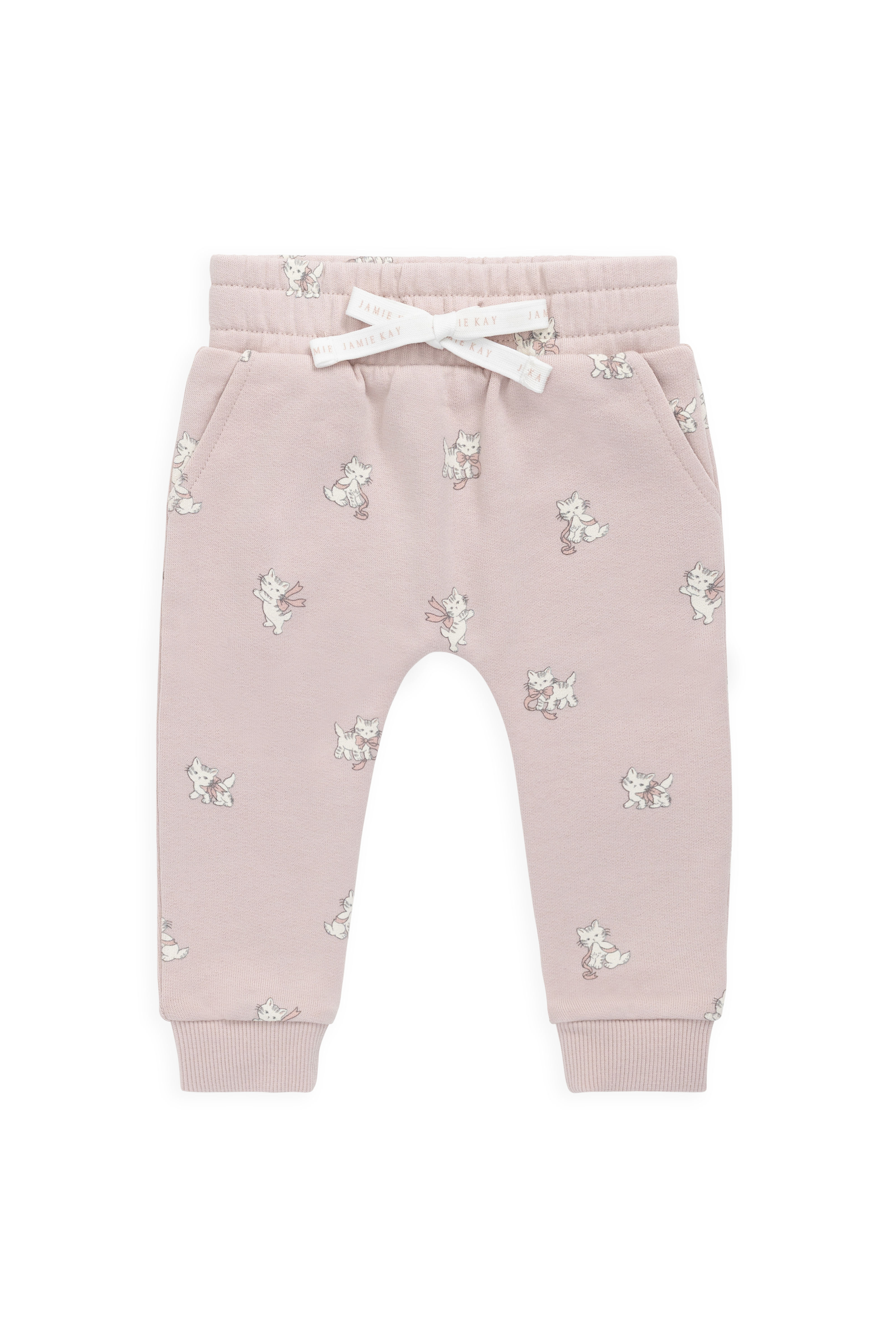Pantalon de survêtement en coton biologique à imprimé chat et nœud ludique mauve, avec taille élastique et chevilles resserrées, pour enfants de 6 mois à 10 ans