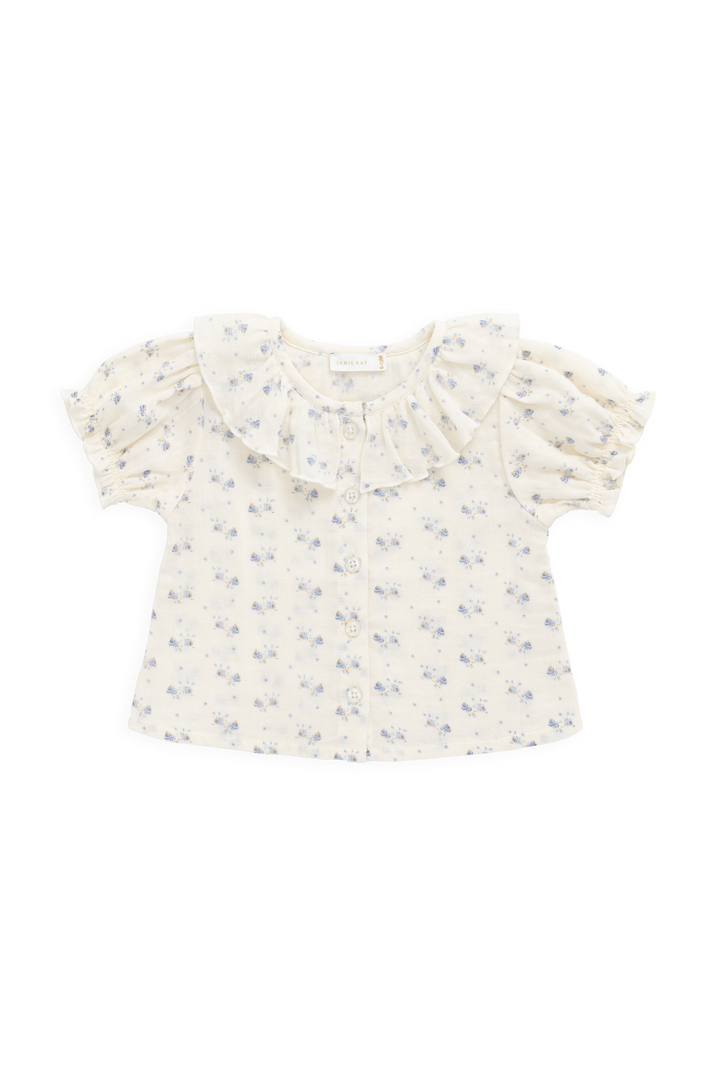 Haut en mousseline de coton biologique Molly Blue à fleurs délicates avec col à volants et manches bouffantes pour enfants de 0 à 10 ans