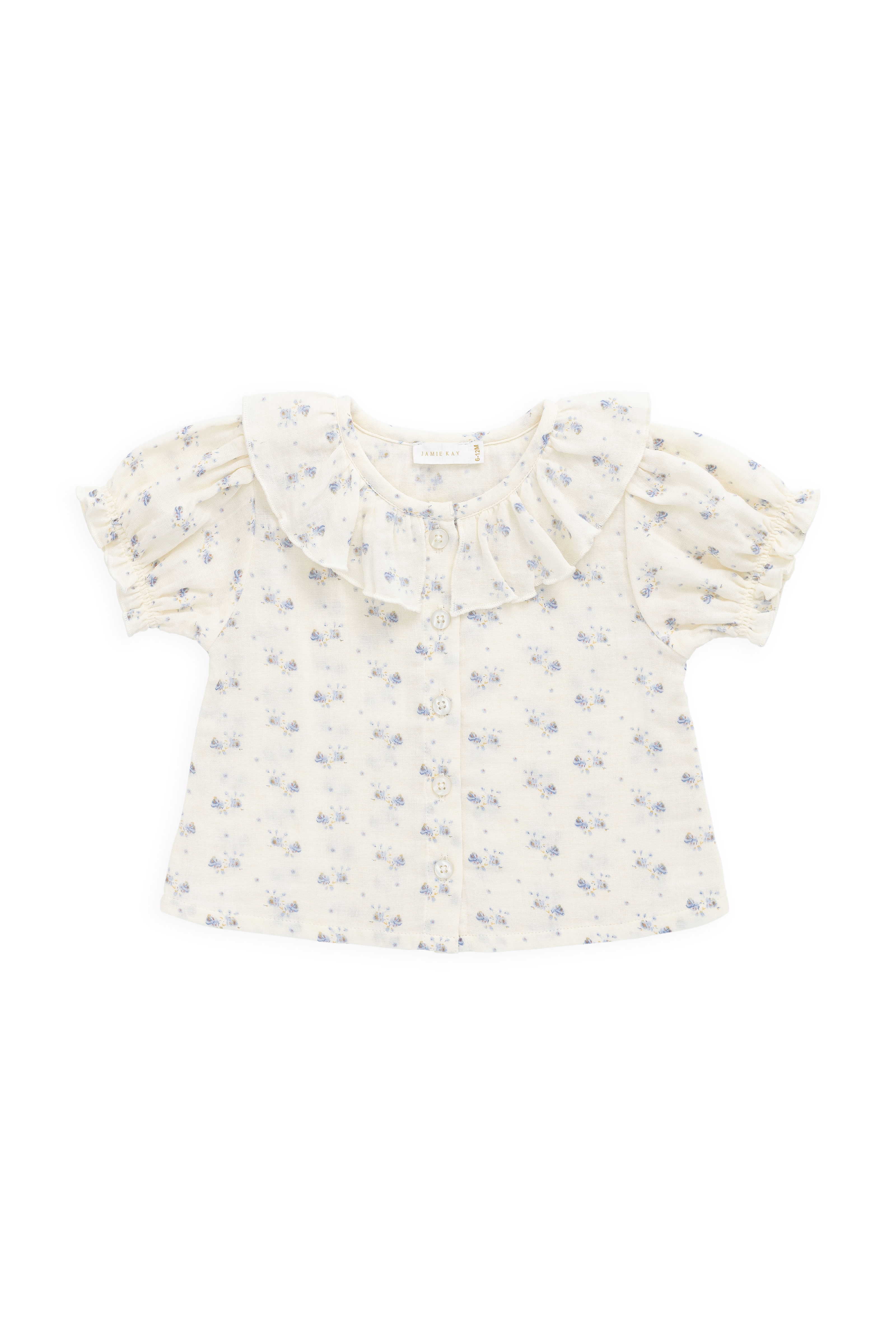 Haut en mousseline de coton biologique Molly Blue à fleurs délicates avec col à volants et manches bouffantes pour enfants de 0 à 10 ans