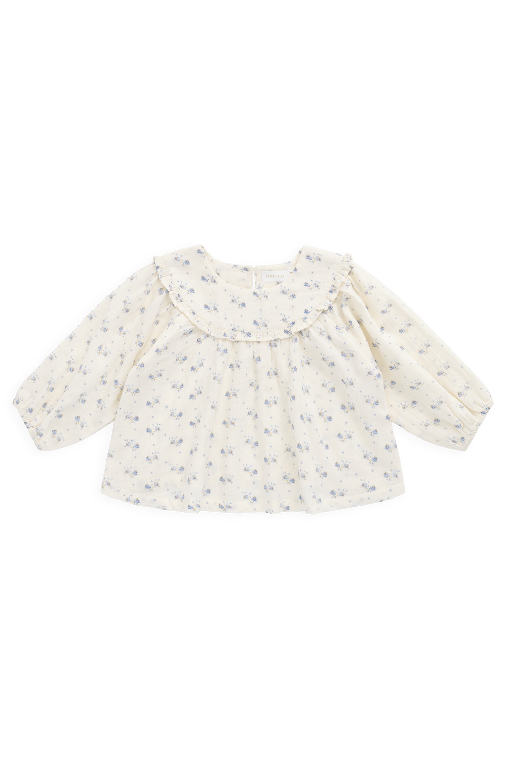 Blouse pour enfants en mousseline de coton biologique Molly Blue à fleurs romantique avec encolure à volants et manches bouffantes – 0-10 ans