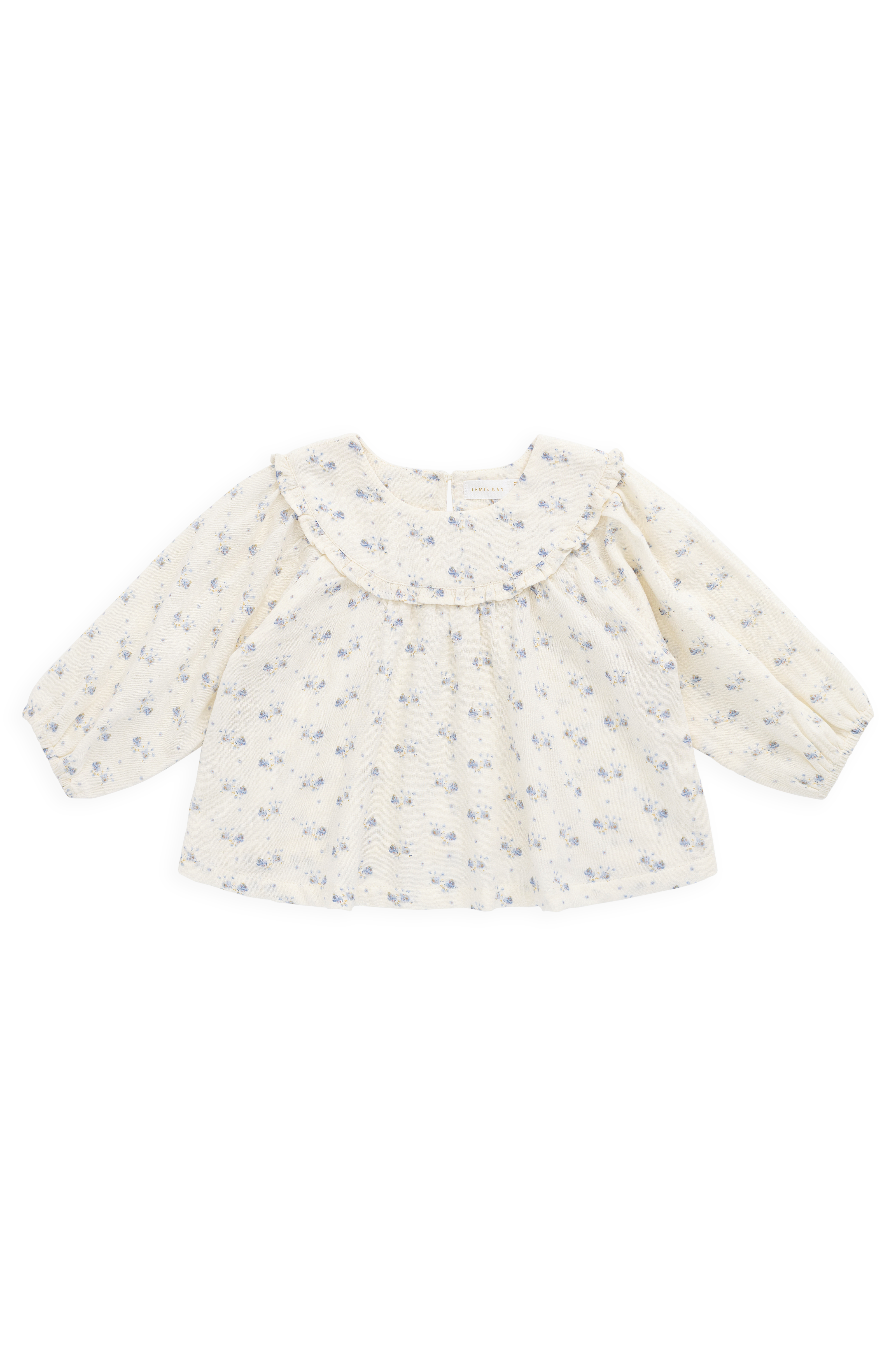 Blouse pour enfants en mousseline de coton biologique Molly Blue à fleurs romantique avec encolure à volants et manches bouffantes – 0-10 ans