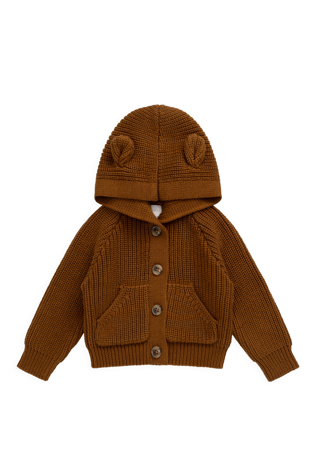 Gilet Doux et Chaud Marron Uni en Coton Tricoté avec Capuche, Détail Oreilles et Boutons pour Enfants 0-6 Ans