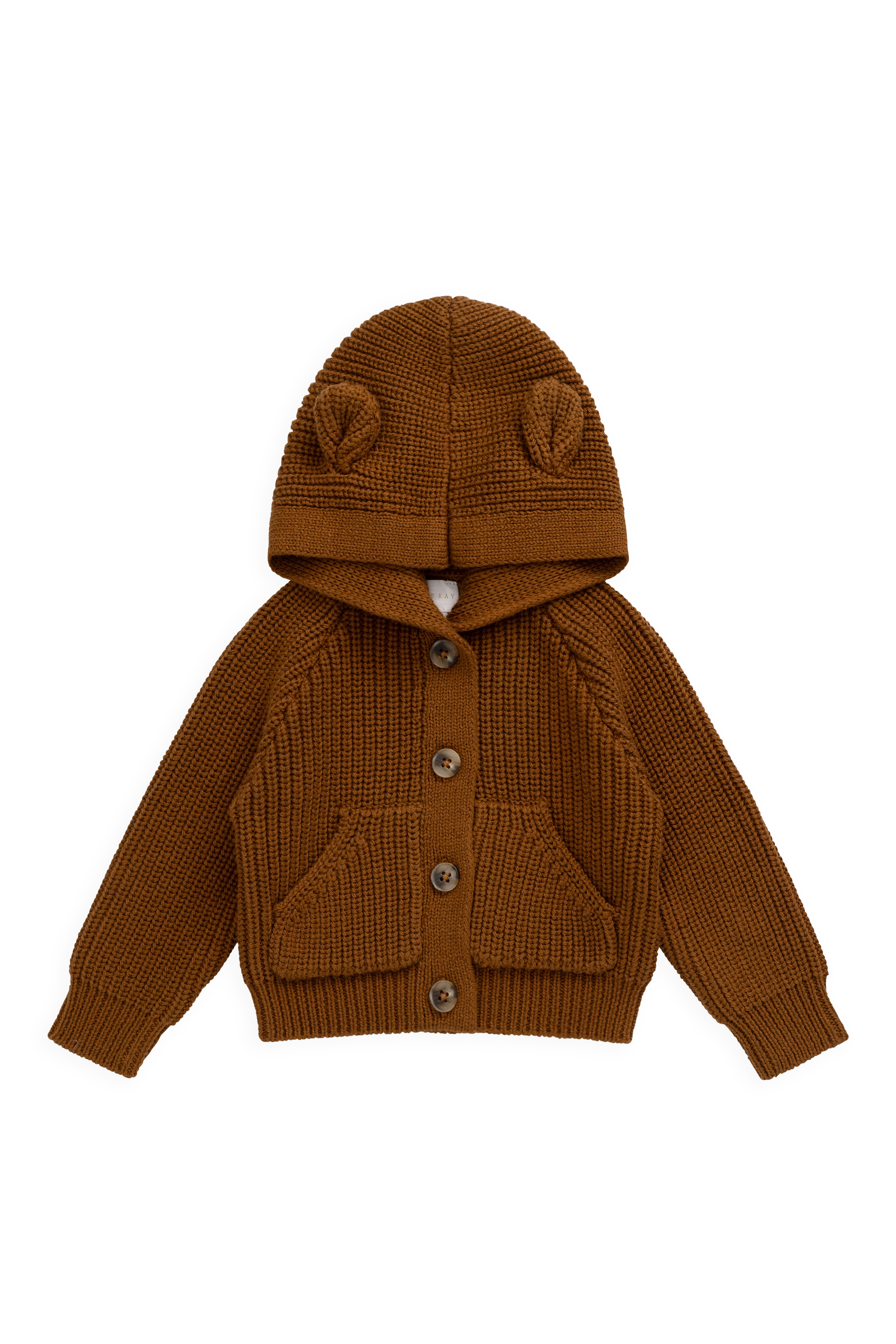 Gilet Doux et Chaud Marron Uni en Coton Tricoté avec Capuche, Détail Oreilles et Boutons pour Enfants 0-6 Ans