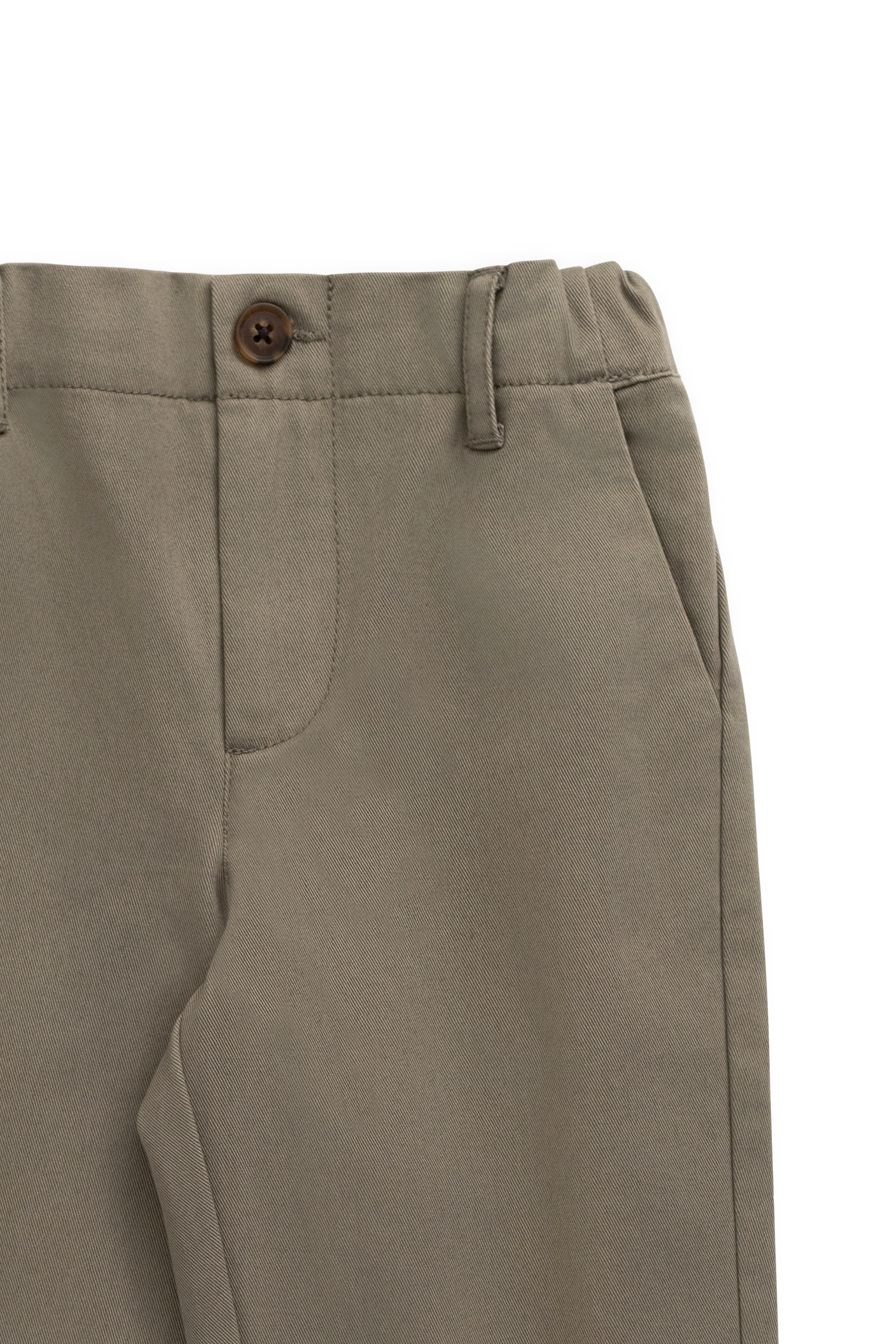 Pantalon en coton uni vert terreux sur mesure avec taille élastique et fermeture boutonnée pour enfants de 6 mois à 8 ans