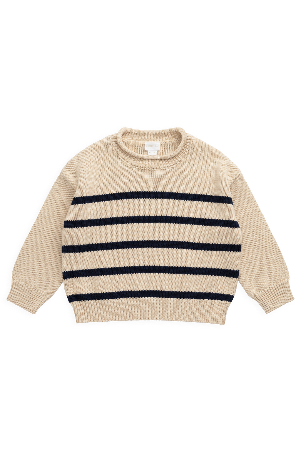 Pull en coton tricoté à rayures avoine et marine décontracté avec col rond et poignets côtelés pour enfants de 6 mois à 8 ans
