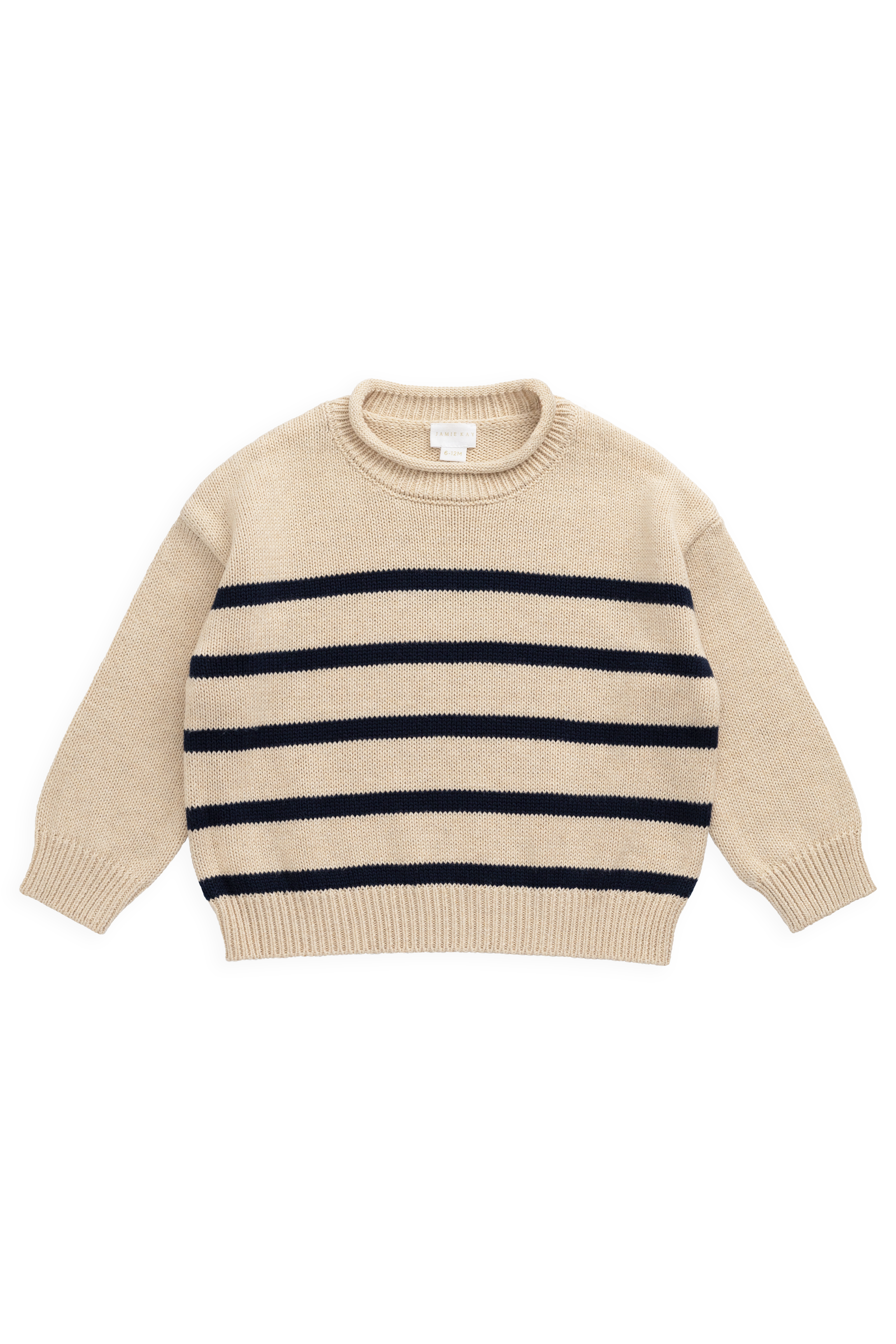 Pull en coton tricoté à rayures avoine et marine décontracté avec col rond et poignets côtelés pour enfants de 6 mois à 8 ans
