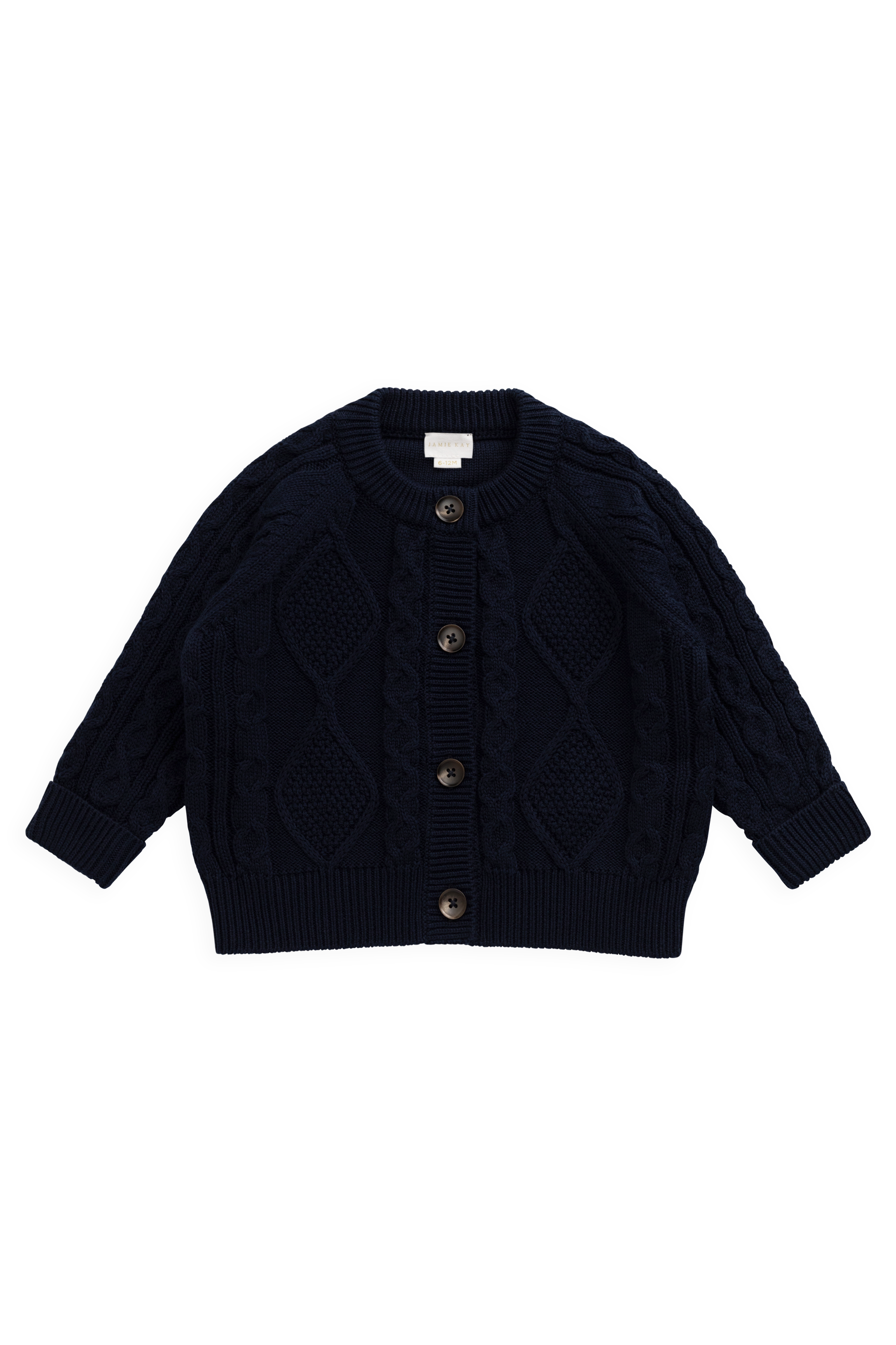 Cardigan en coton tricoté torsadé bleu marine classique avec patte de boutonnage et finitions côtelées pour enfants de 6 mois à 8 ans