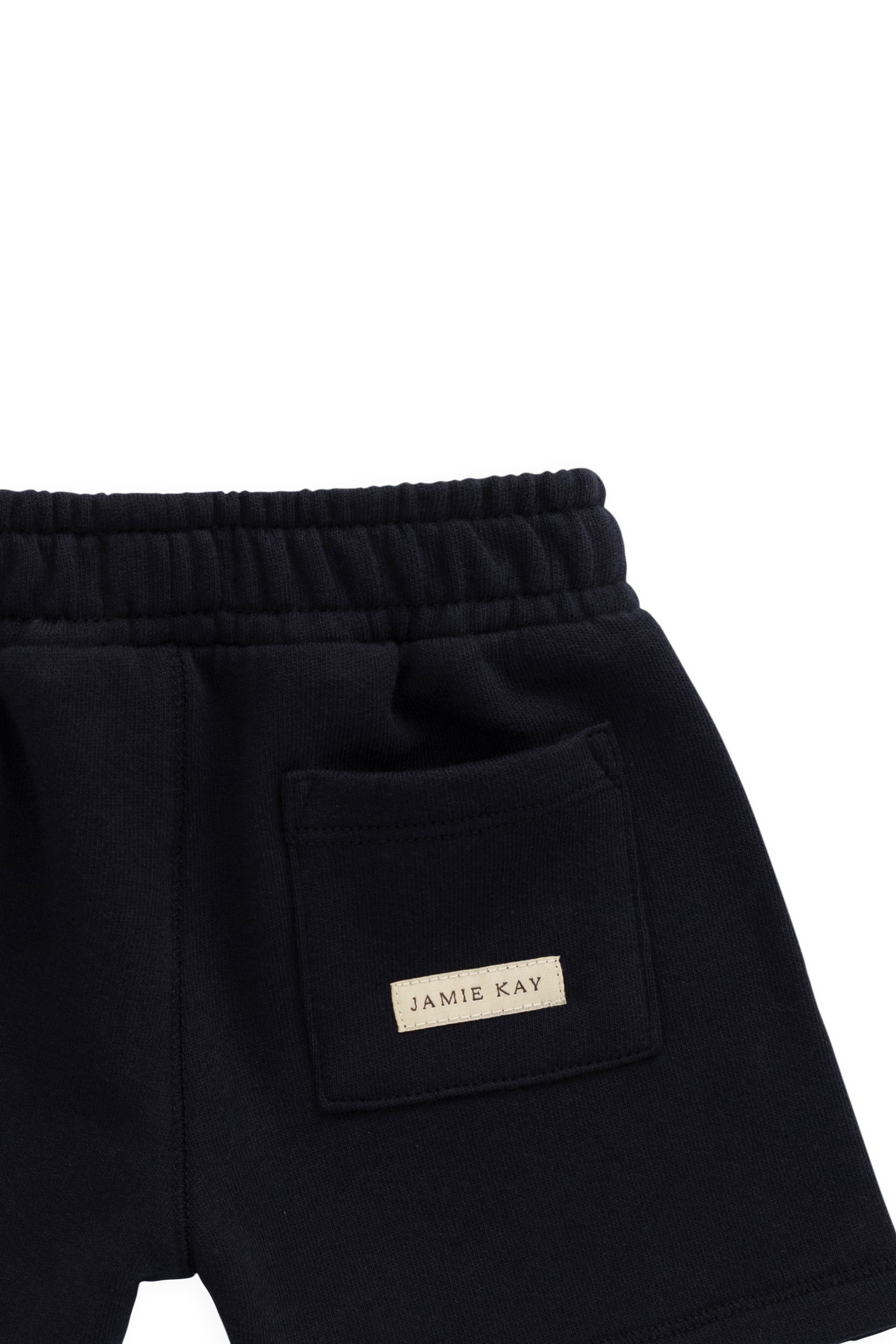 Short ample bleu marine en coton biologique avec taille élastiquée et cordon de serrage avec nœud pour enfants de 6 mois à 8 ans