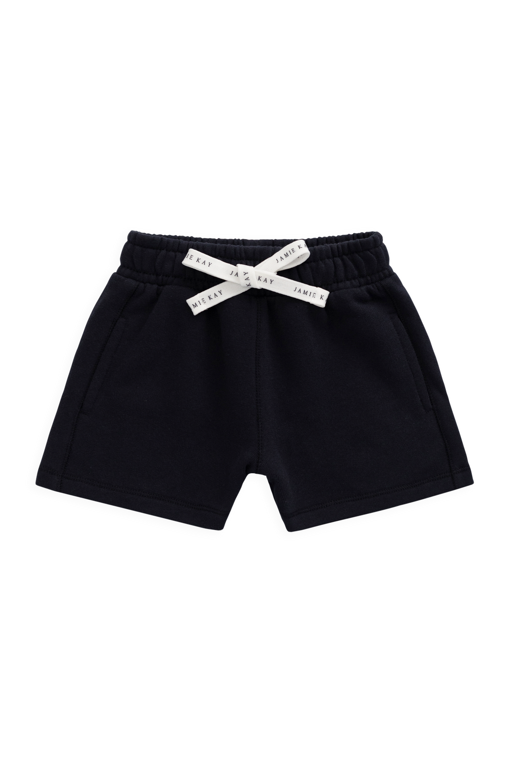 Short ample bleu marine en coton biologique avec taille élastiquée et cordon de serrage avec nœud pour enfants de 6 mois à 8 ans