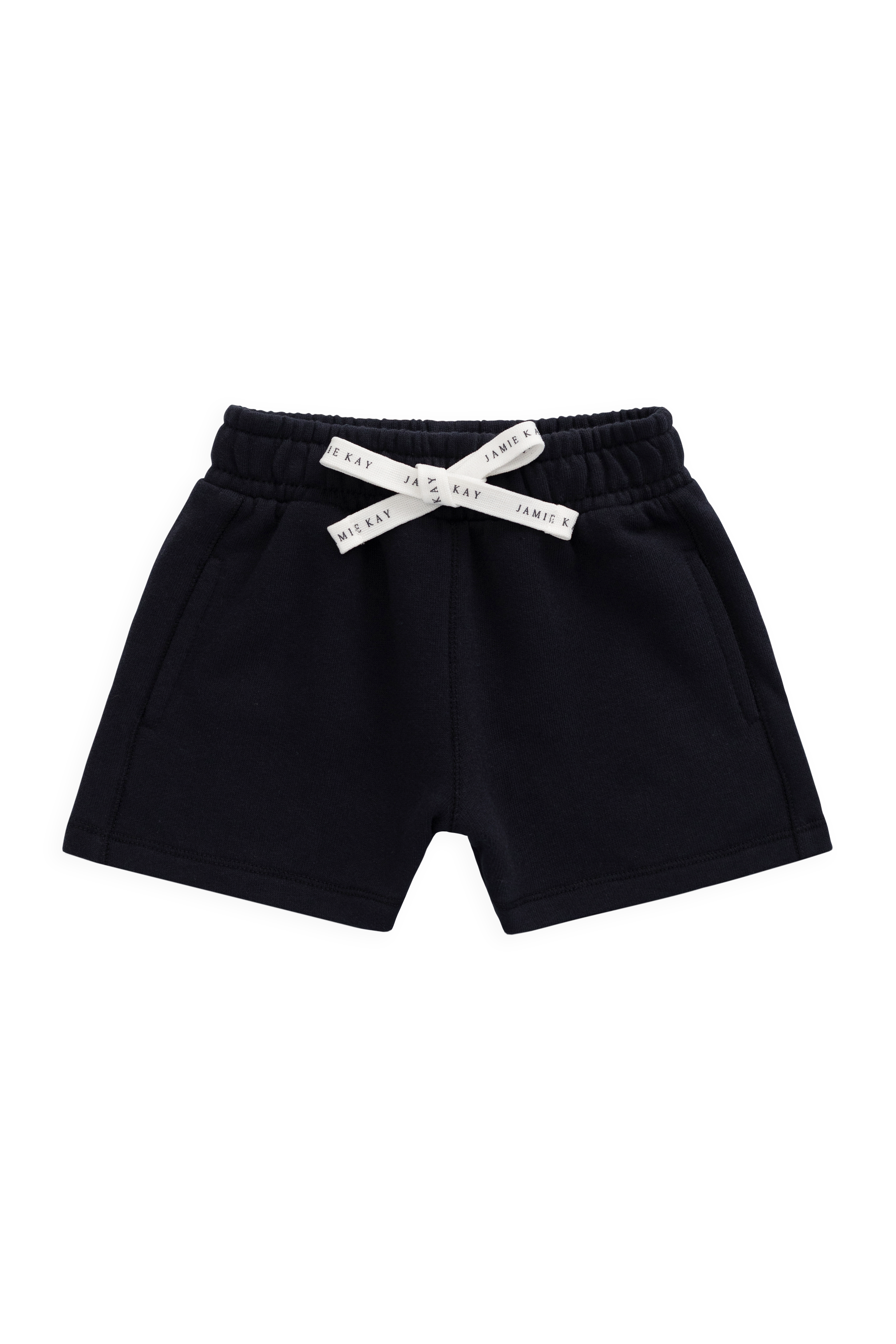 Short ample bleu marine en coton biologique avec taille élastiquée et cordon de serrage avec nœud pour enfants de 6 mois à 8 ans