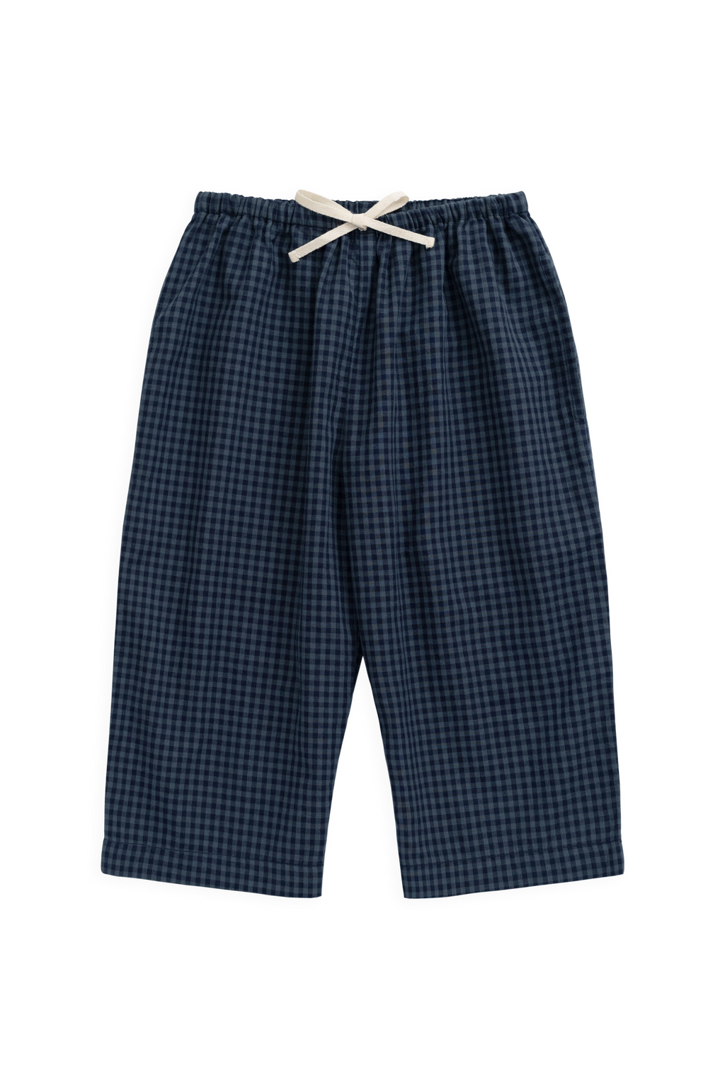 Pantalon Ample Enfant à Jambes Larges en Coton Bio avec Motif Mini-Vichy Bleu Marine, Taille Élastique et Cordon de Serrage, 6M-8A