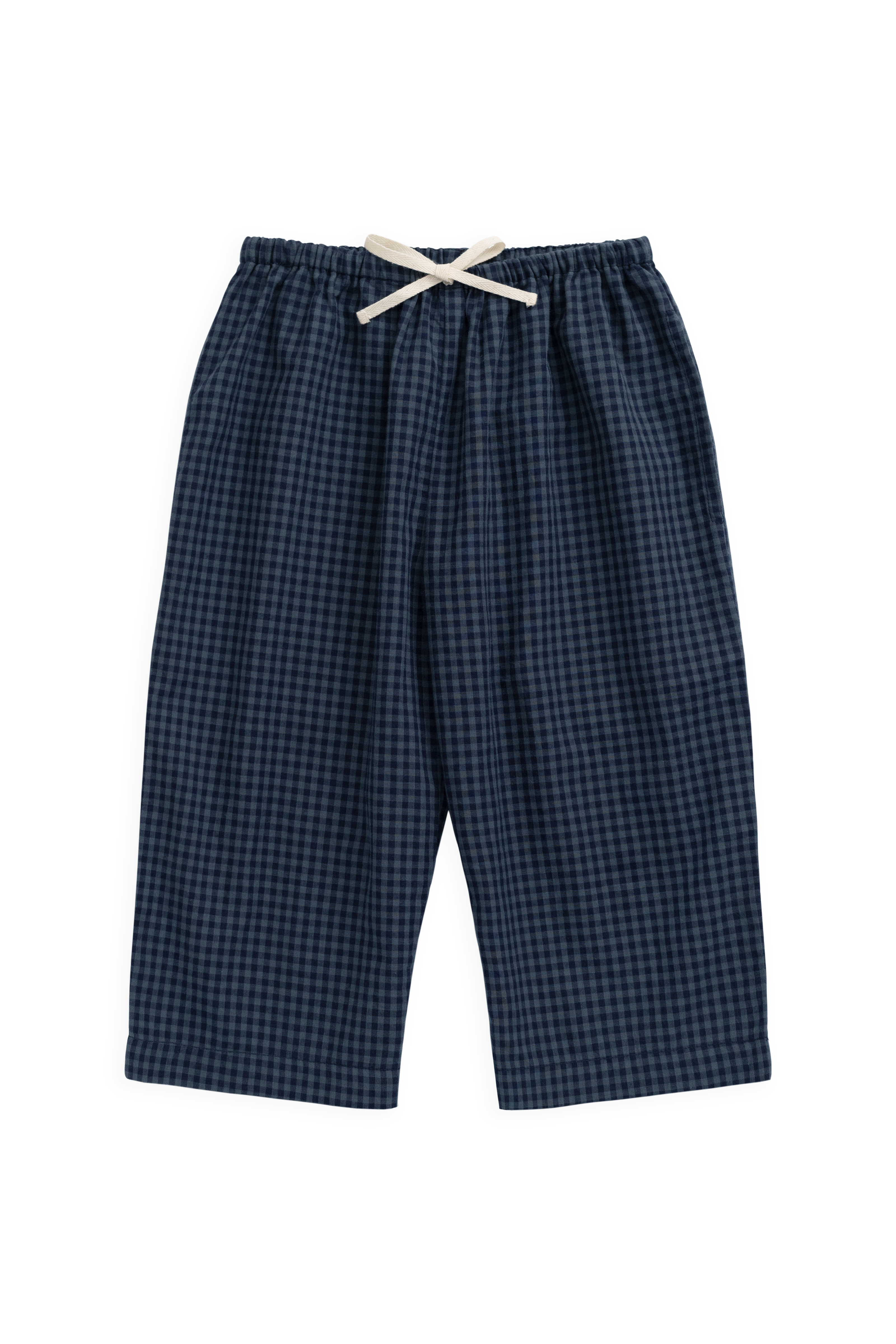 Pantalon Ample Enfant à Jambes Larges en Coton Bio avec Motif Mini-Vichy Bleu Marine, Taille Élastique et Cordon de Serrage, 6M-8A