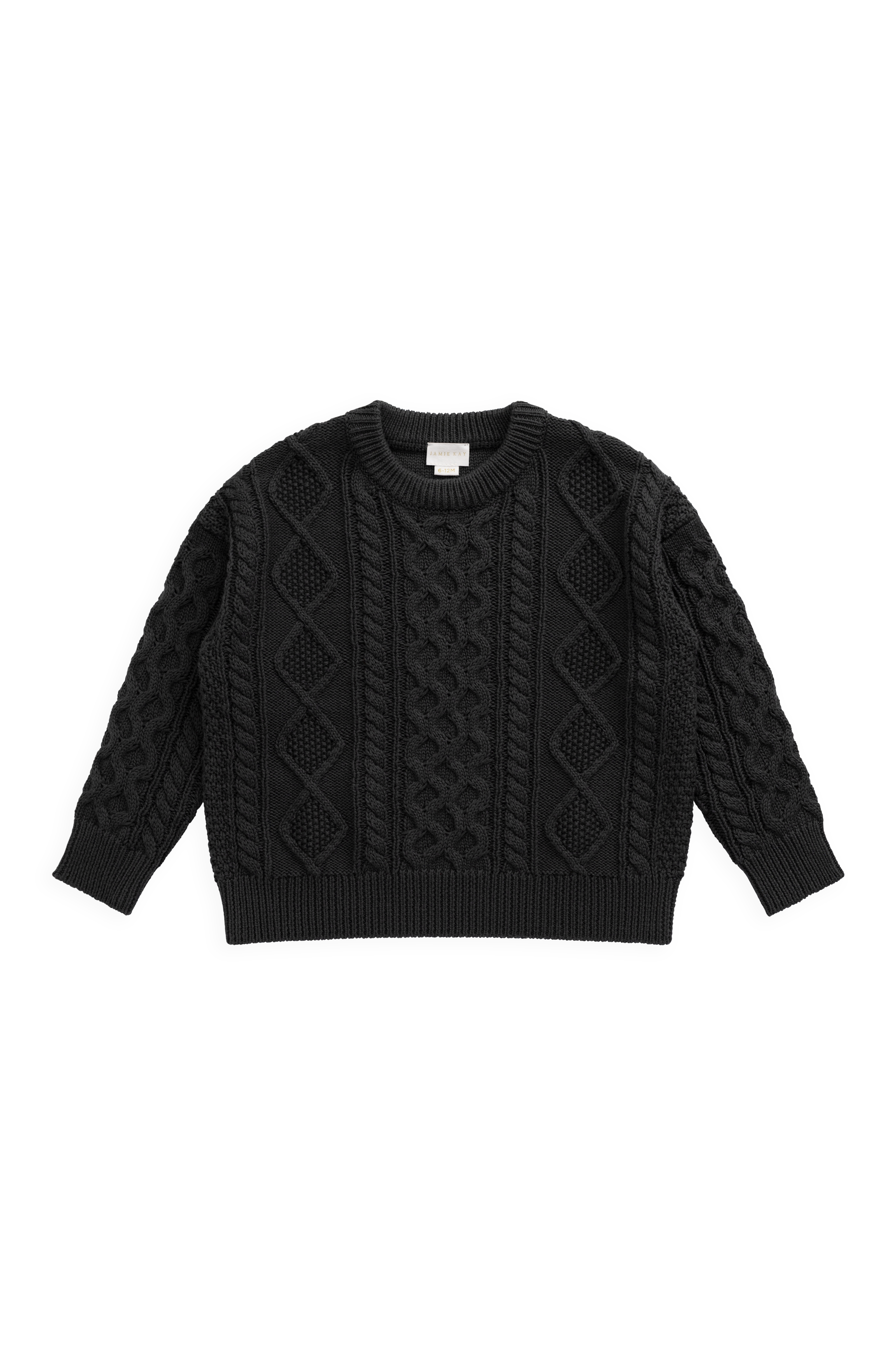 Pull en coton tricoté torsadé marron terre classique avec col rond et poignets côtelés pour enfants de 6 mois à 8 ans