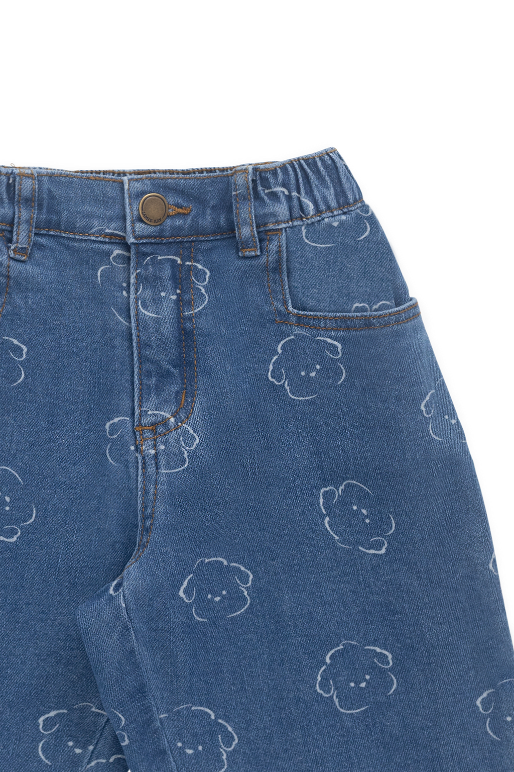 Pantalon en jean décontracté en coton bleu avec motif intégral, taille élastiquée et poches fonctionnelles pour enfants de 6 mois à 8 ans