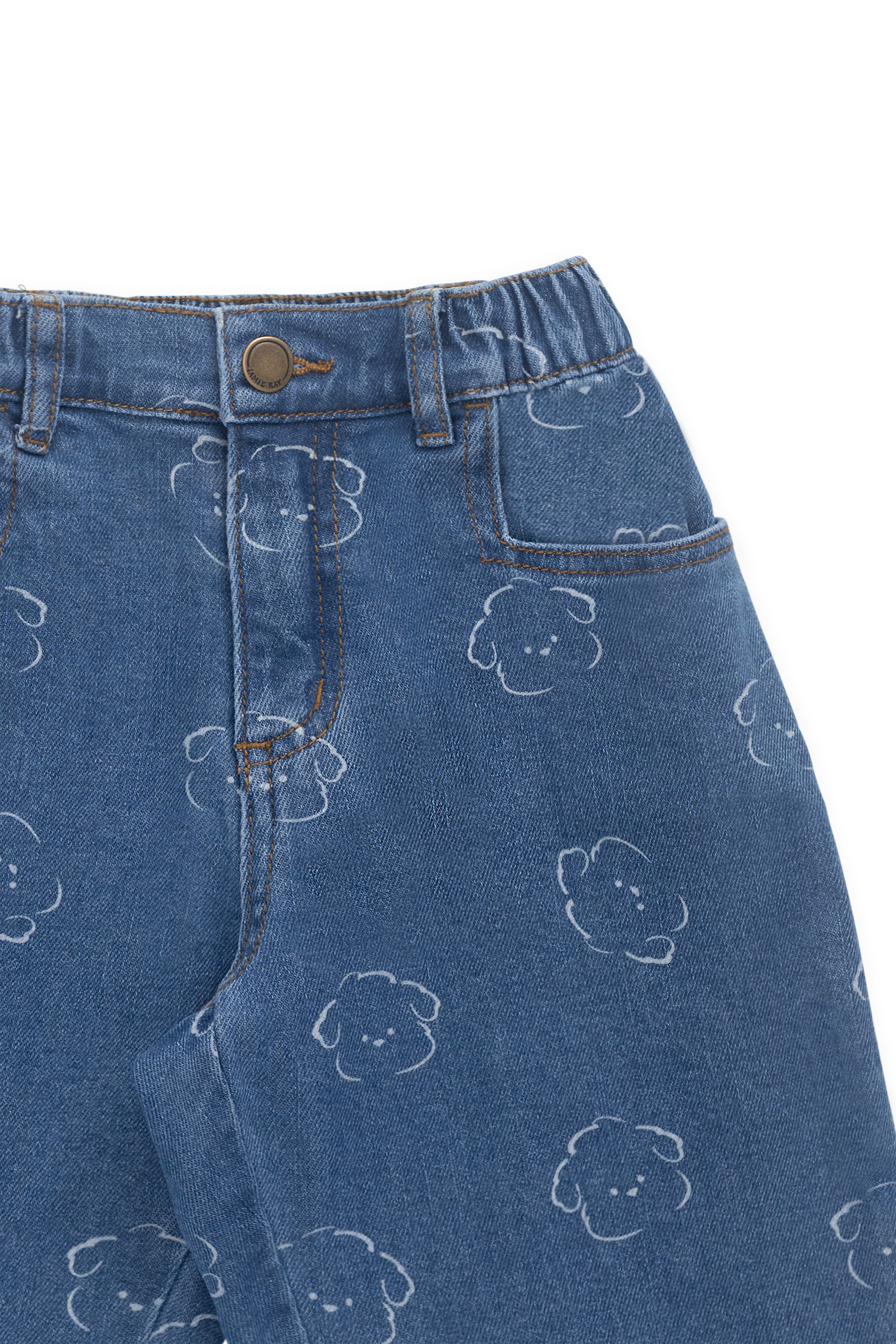Pantalon en jean décontracté en coton bleu avec motif intégral, taille élastiquée et poches fonctionnelles pour enfants de 6 mois à 8 ans