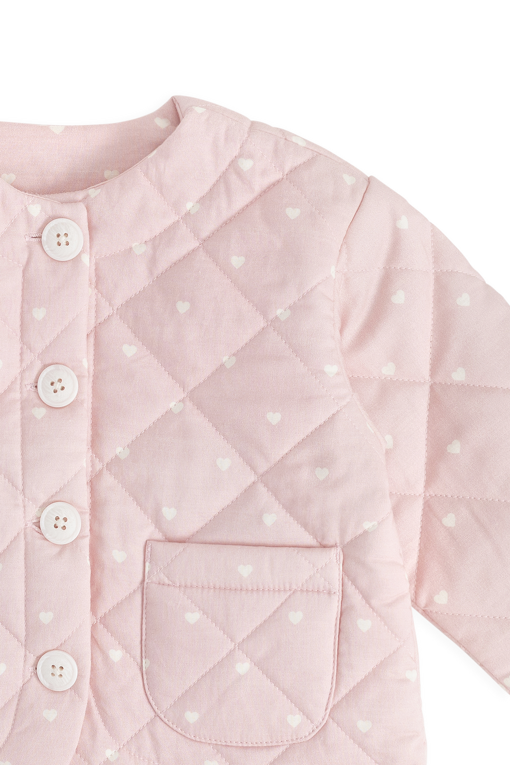 Veste en coton matelassée rose blush romantique à imprimé cœurs avec boutonnage et poches plaquées pour enfants de 6 mois à 10 ans