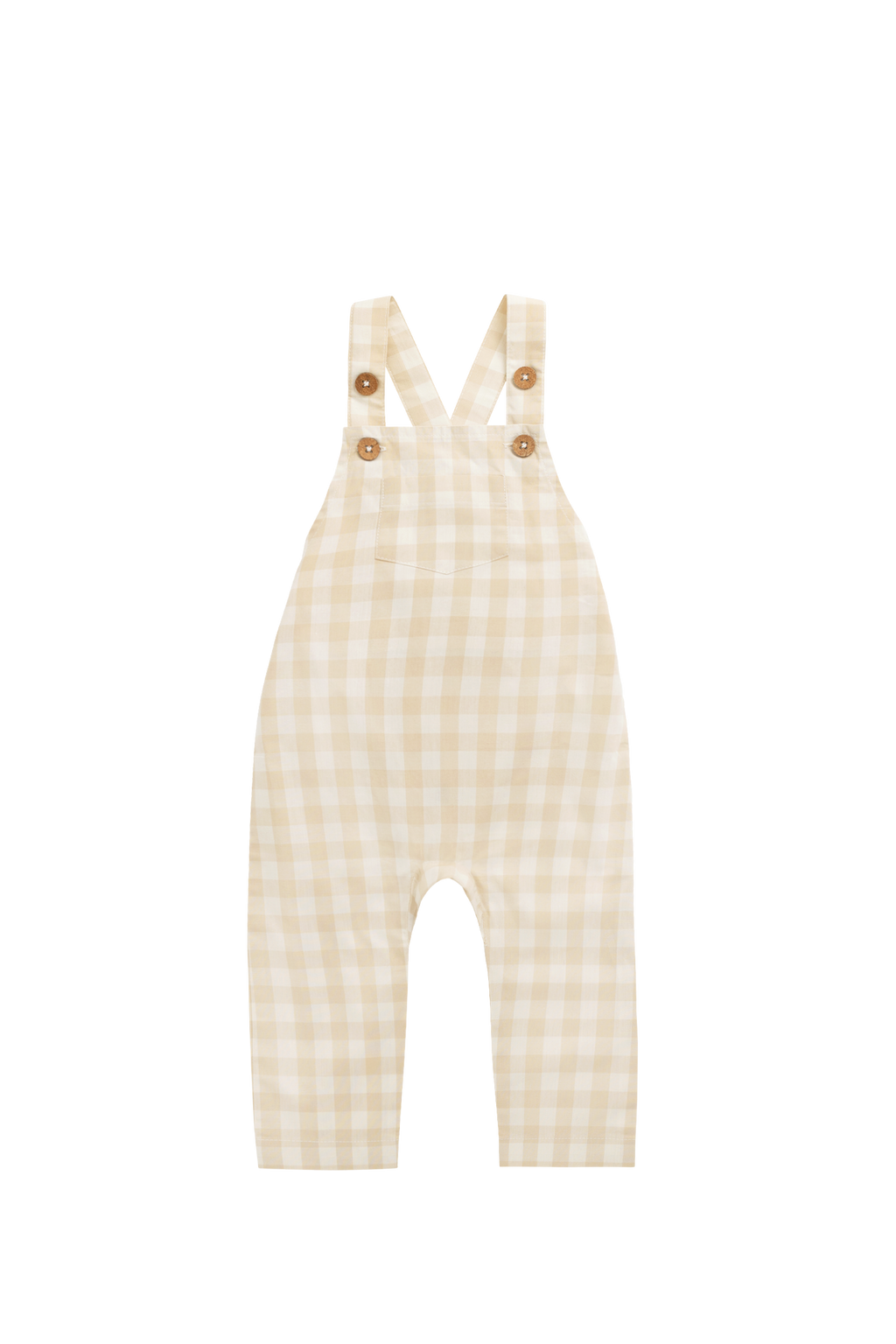 Salopette classique à carreaux vichy kaki pâle en coton biologique avec bretelles réglables pour bébés et enfants de 0 à 6 ans