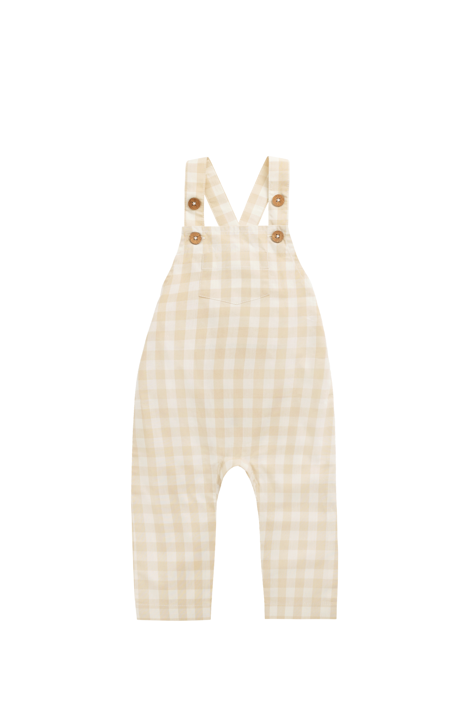 Salopette classique à carreaux vichy kaki pâle en coton biologique avec bretelles réglables pour bébés et enfants de 0 à 6 ans