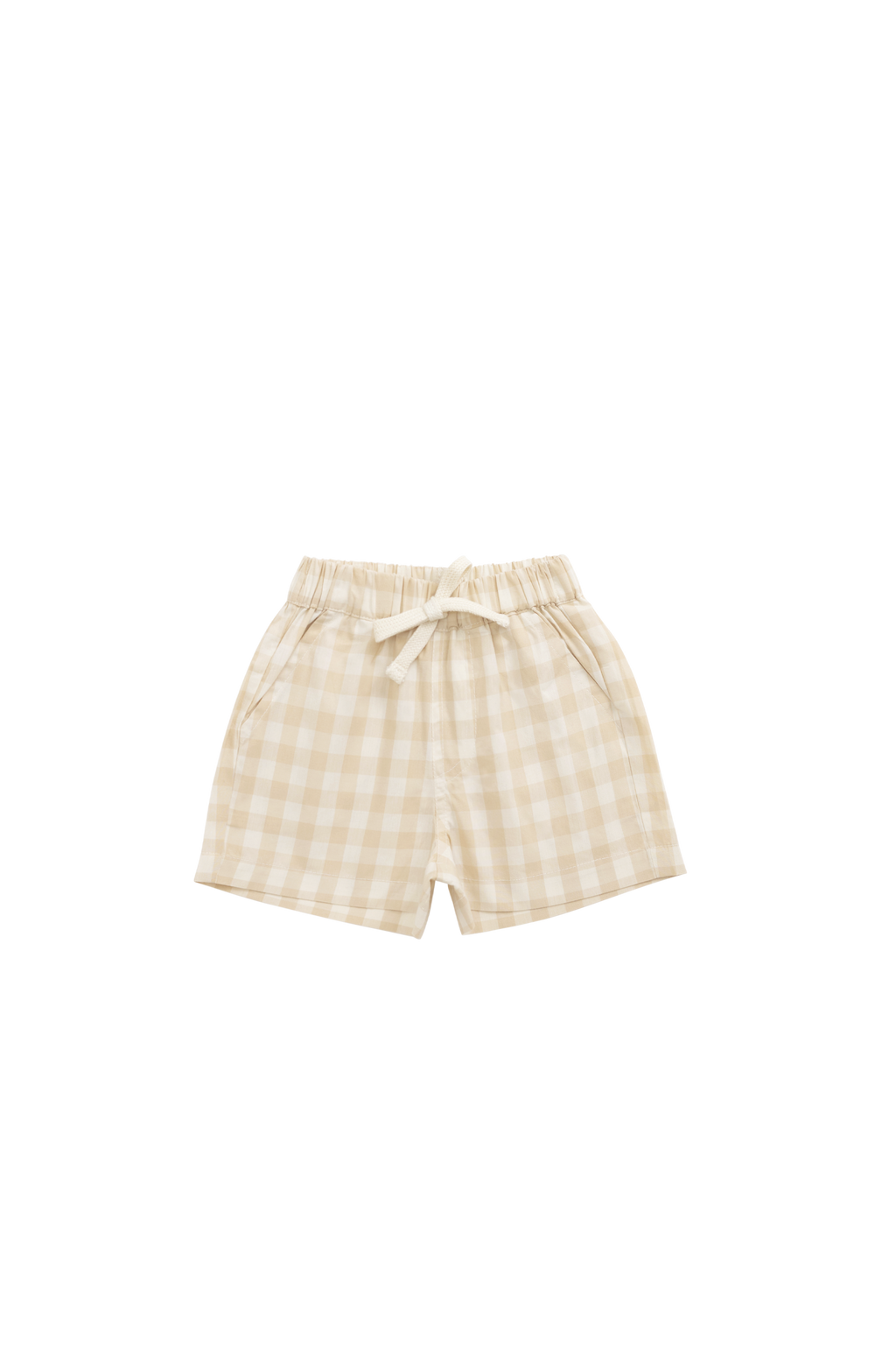 Short décontracté en vichy kaki pâle de coton bio extensible avec taille élastique pour enfants de 6 mois à 8 ans