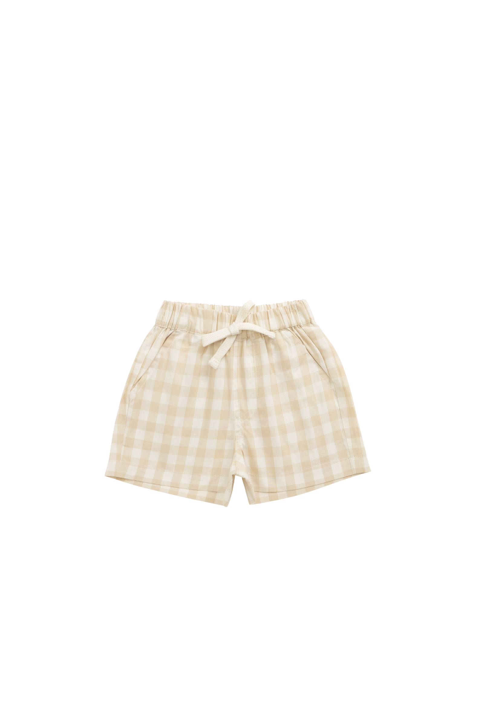 Short décontracté en vichy kaki pâle de coton bio extensible avec taille élastique pour enfants de 6 mois à 8 ans
