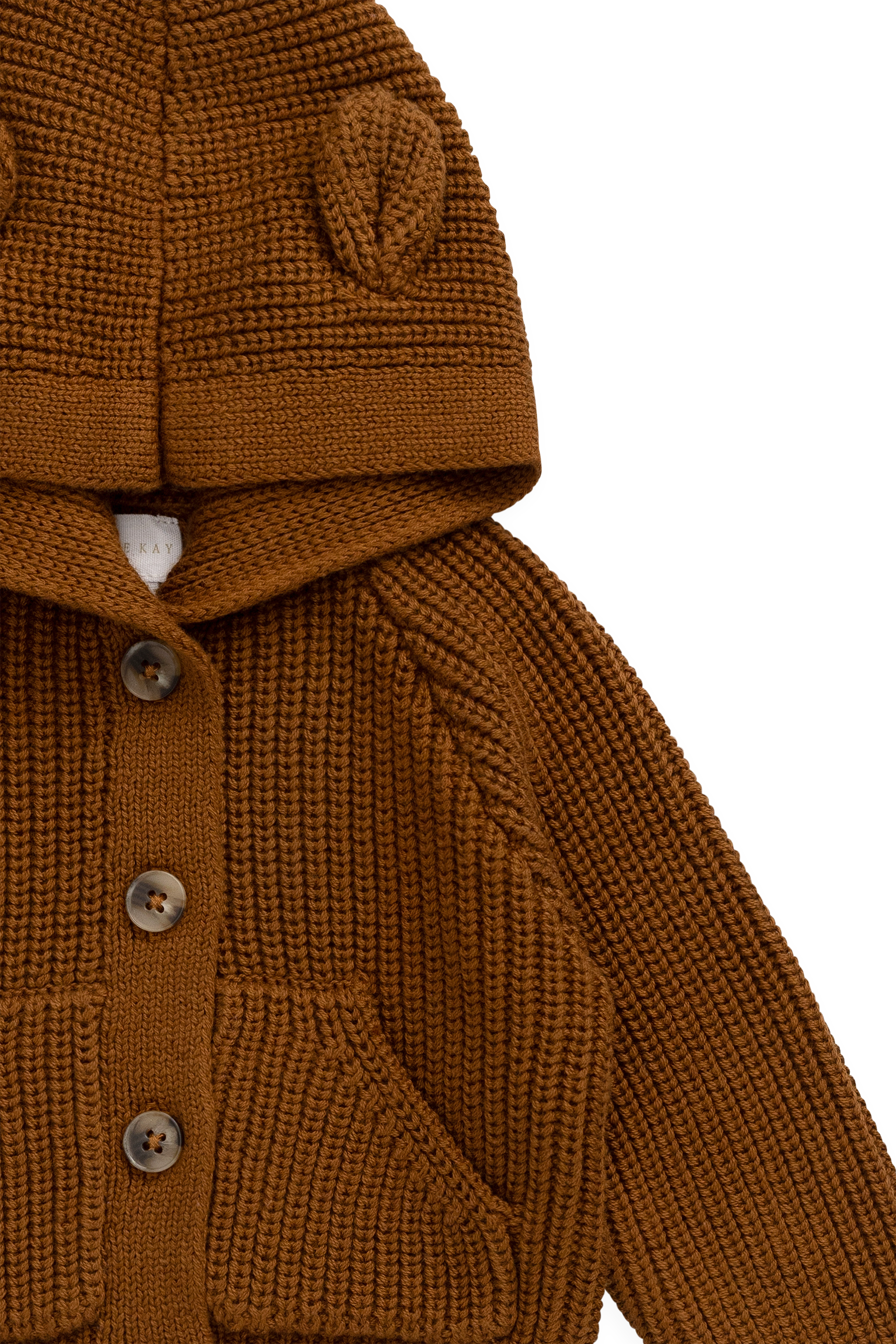 Gilet Doux et Chaud Marron Uni en Coton Tricoté avec Capuche, Détail Oreilles et Boutons pour Enfants 0-6 Ans