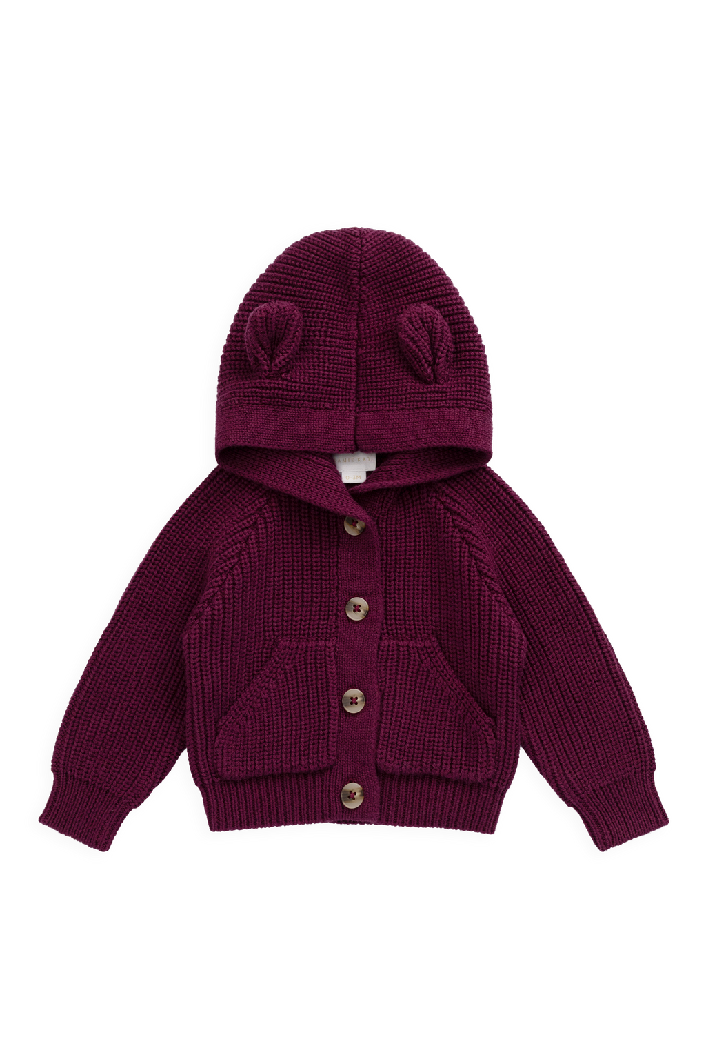 Cardigan douillet en maille de coton uni mûre foncée avec capuche, détails oreilles et boutonnage sur le devant, pour enfants de 0 à 6 ans