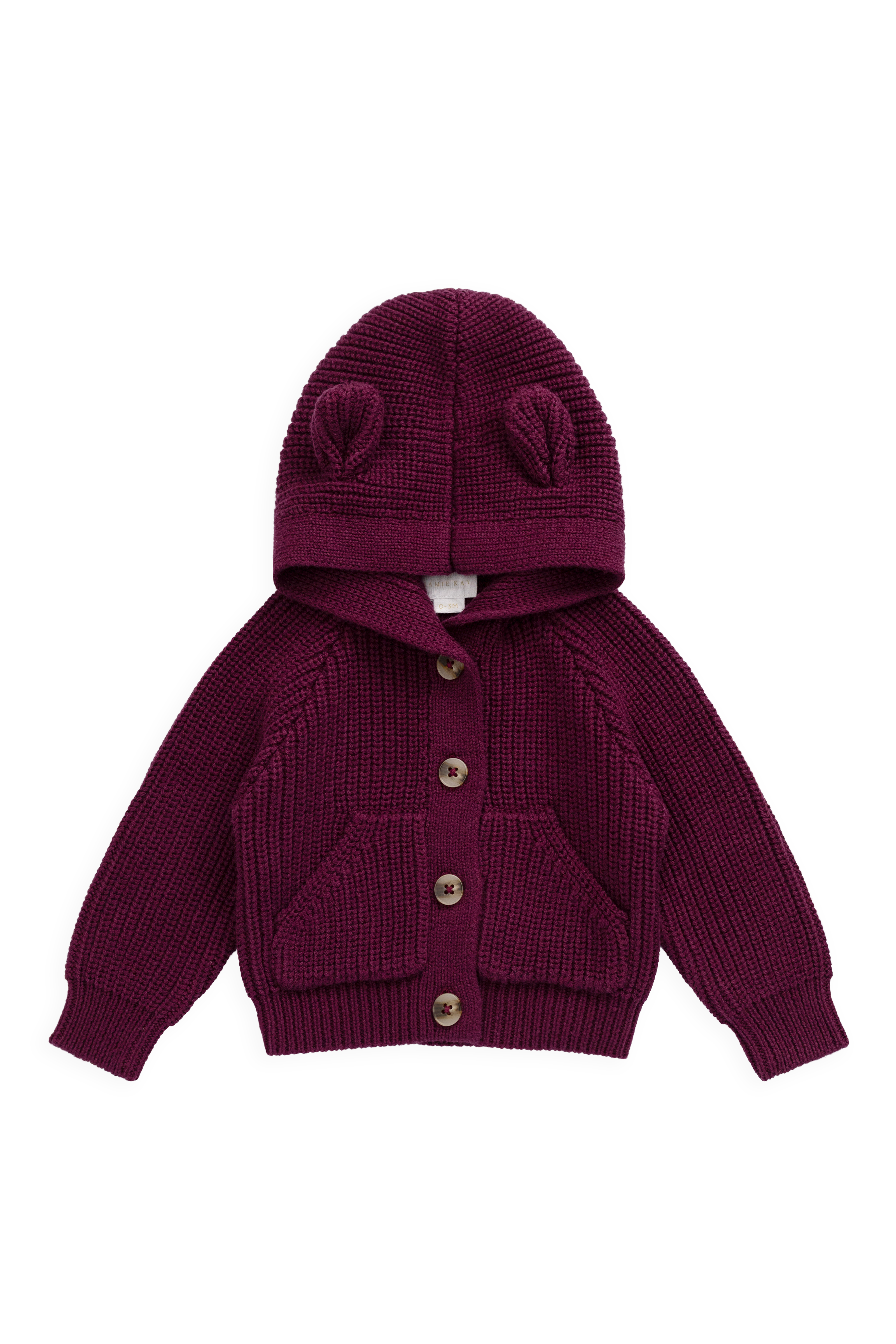 Cardigan douillet en maille de coton uni mûre foncée avec capuche, détails oreilles et boutonnage sur le devant, pour enfants de 0 à 6 ans