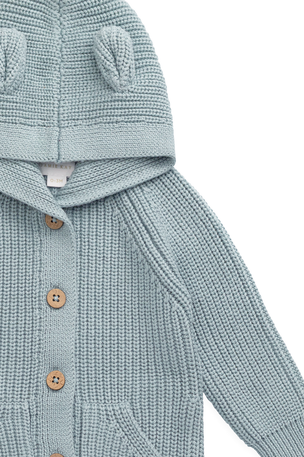 Grenouillère à capuche en tricot de coton uni bleu poudré douillette avec détails oreilles et poignets côtelés pour bébés 0-3 ans