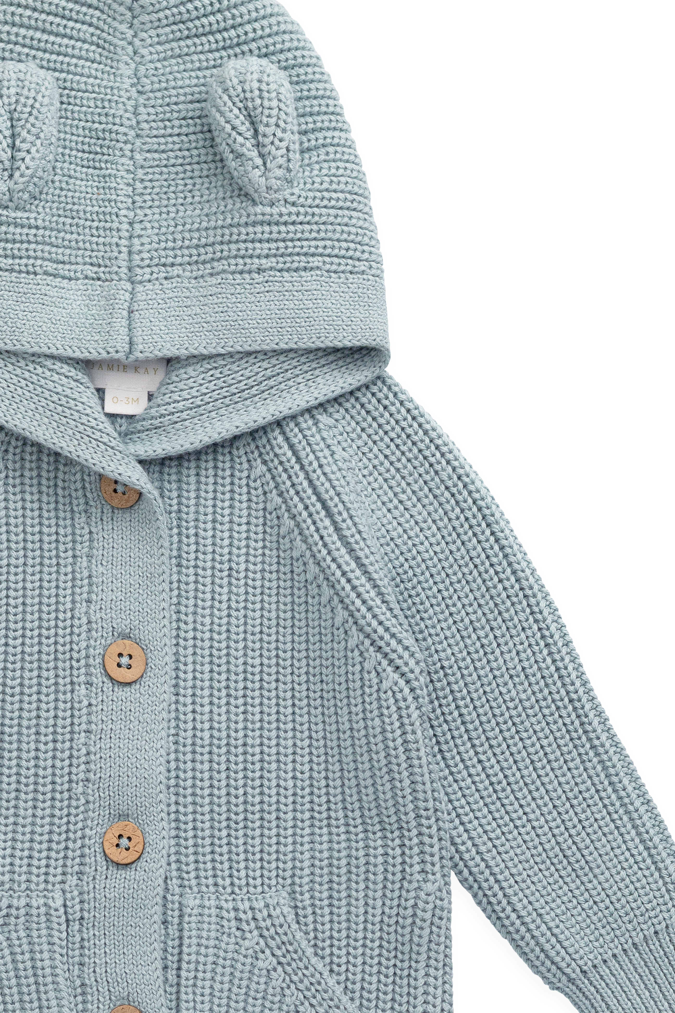 Grenouillère à capuche en tricot de coton uni bleu poudré douillette avec détails oreilles et poignets côtelés pour bébés 0-3 ans