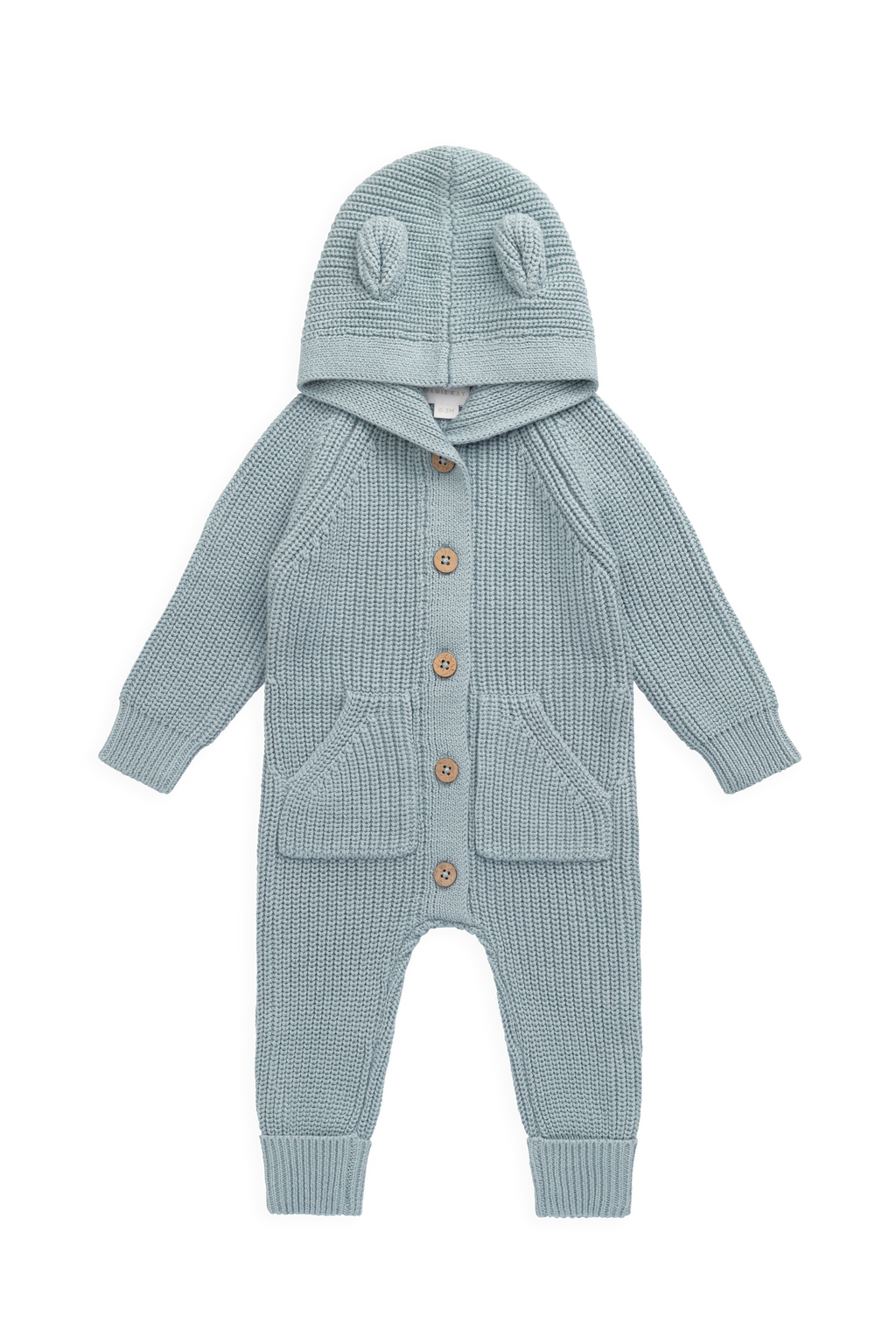 Grenouillère à capuche en tricot de coton uni bleu poudré douillette avec détails oreilles et poignets côtelés pour bébés 0-3 ans
