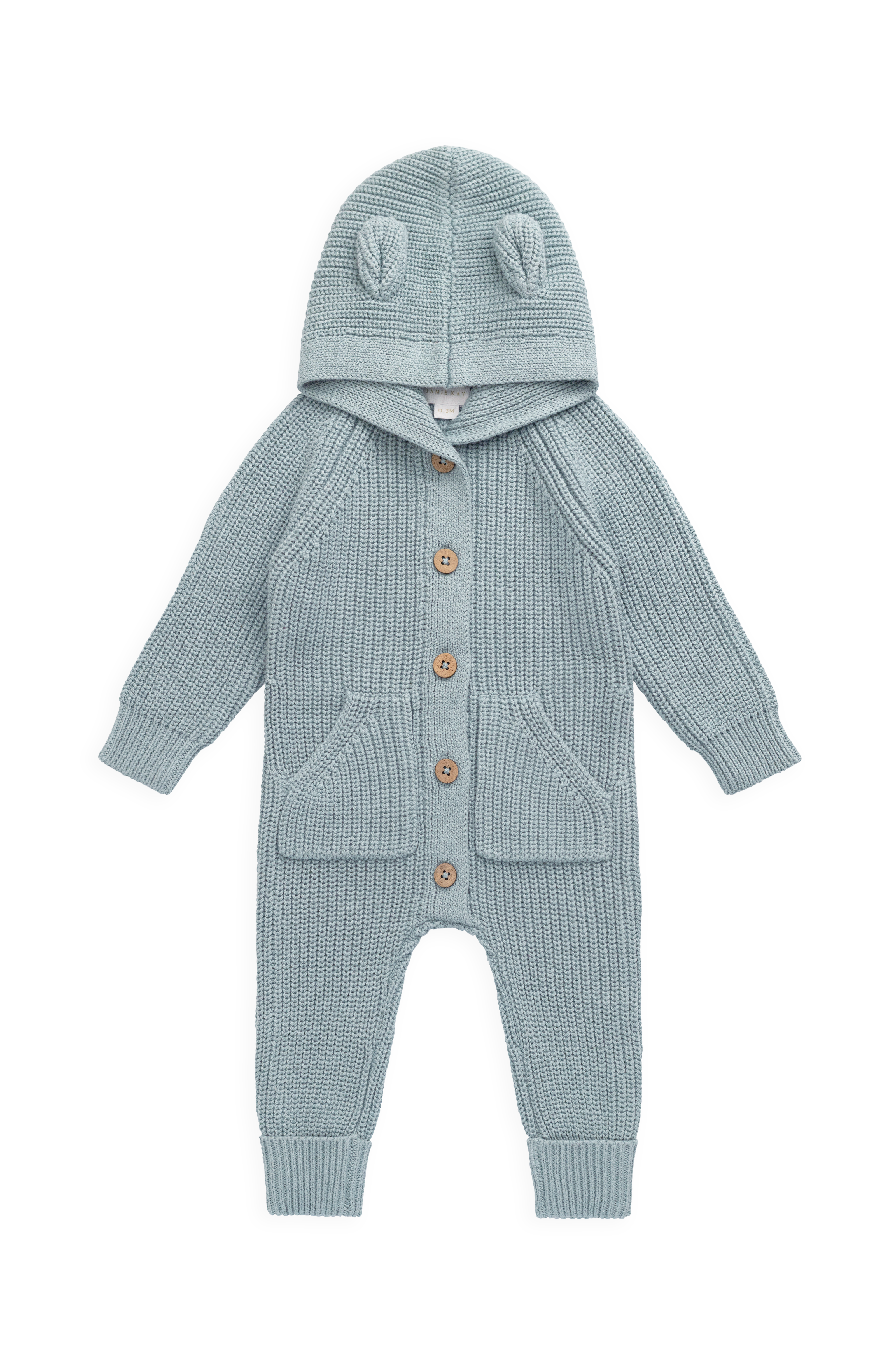Grenouillère à capuche en tricot de coton uni bleu poudré douillette avec détails oreilles et poignets côtelés pour bébés 0-3 ans